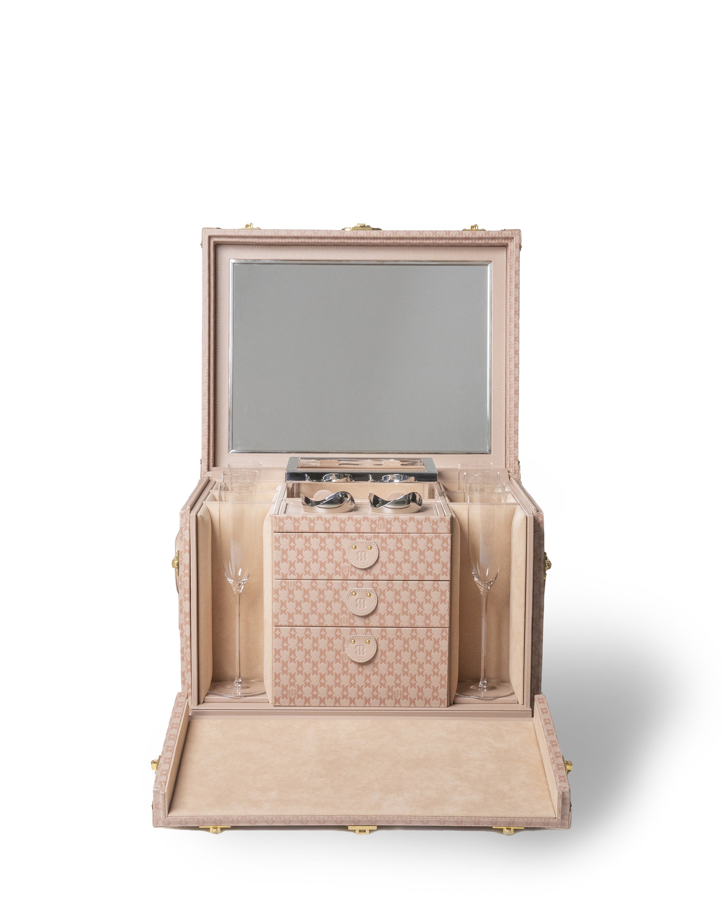 Bernardini Milano Champagne trunk - pink leather and alcantara - with 6 flutes and ice bucket