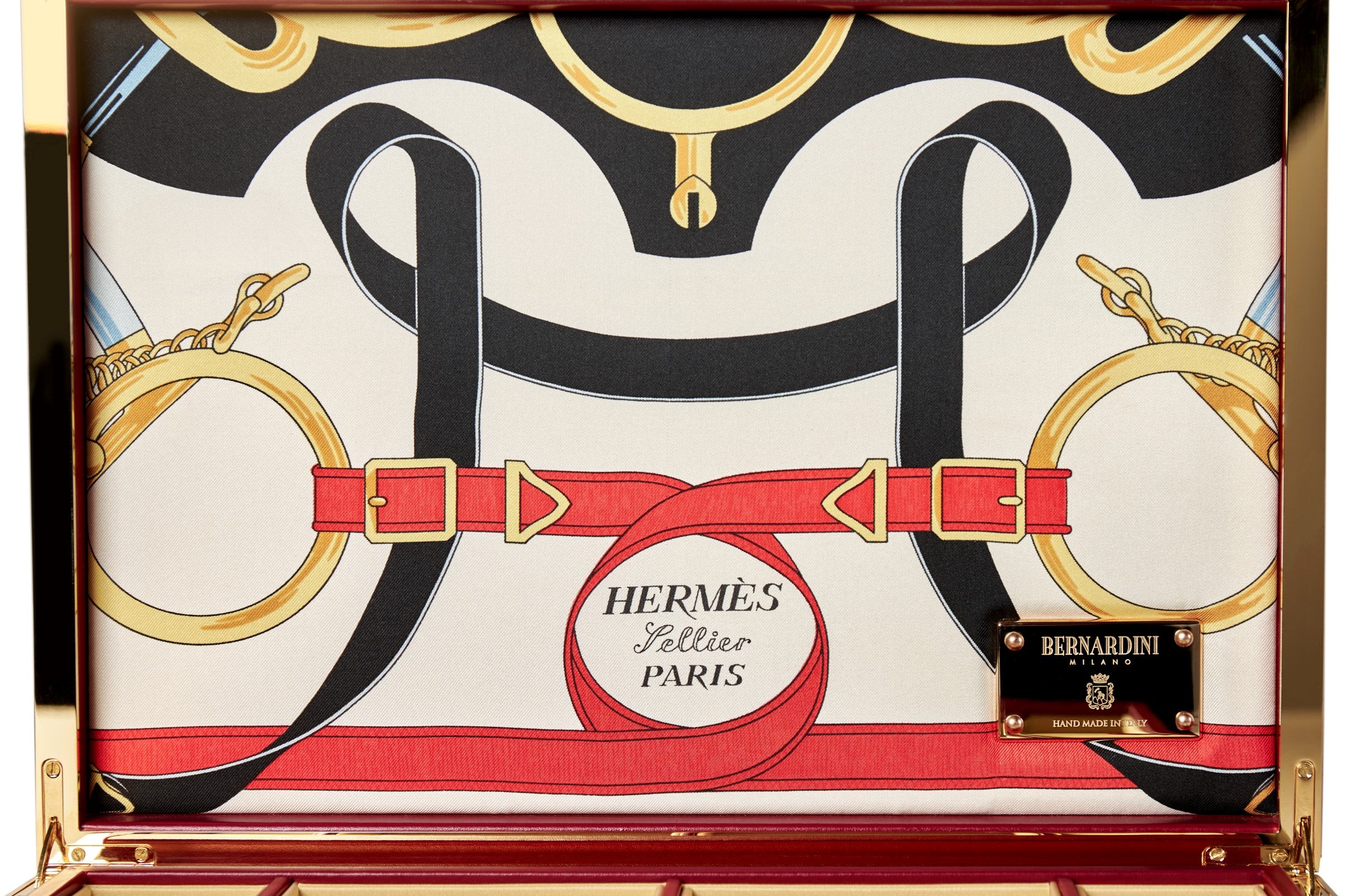 Bernardini Milano jewellery holder of red leather, yellow gold plated and silk - carrè detail