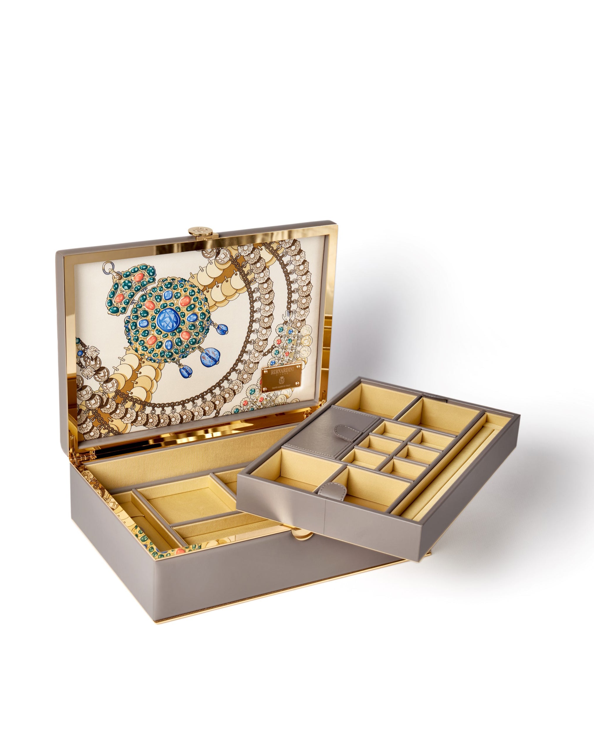 Bernardini Milano jewellery holder of light pink leather, yellow gold plated and silk - open wth extractable tray