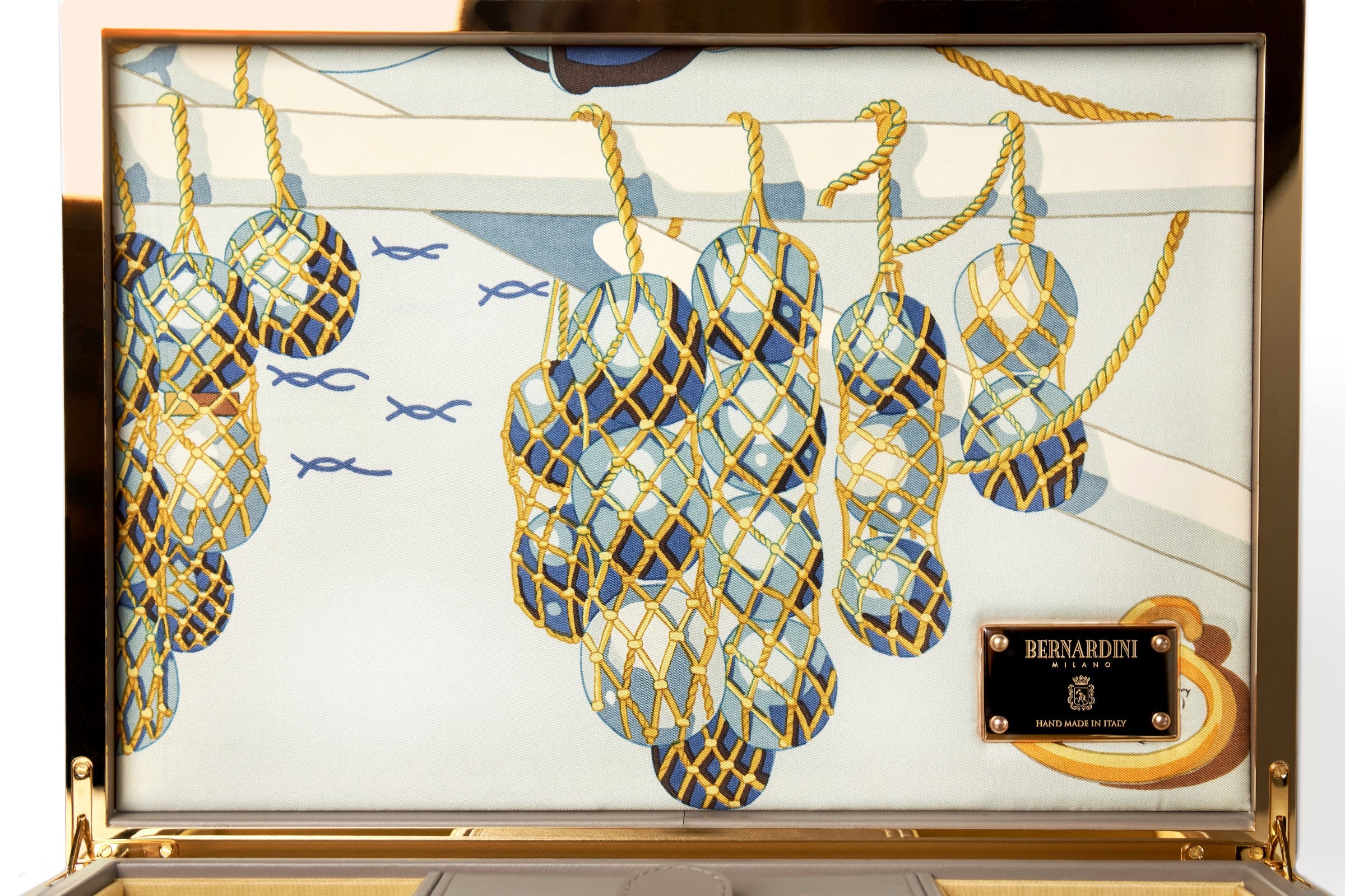 Bernardini Milano jewellery holder of leather, yellow gold plated and silk - carrè detail