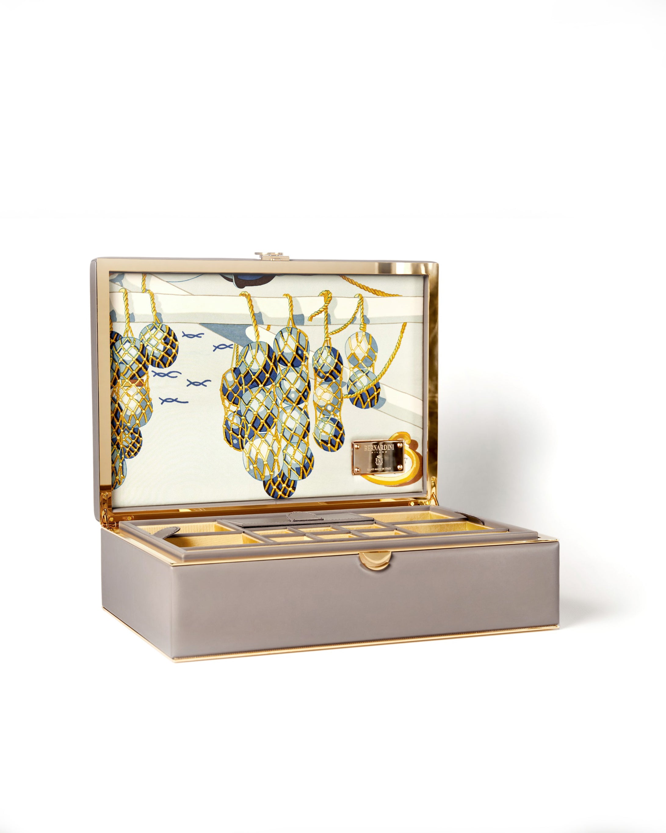 Bernardini Milano jewellery holder made of leather, yellow gold plated and silk