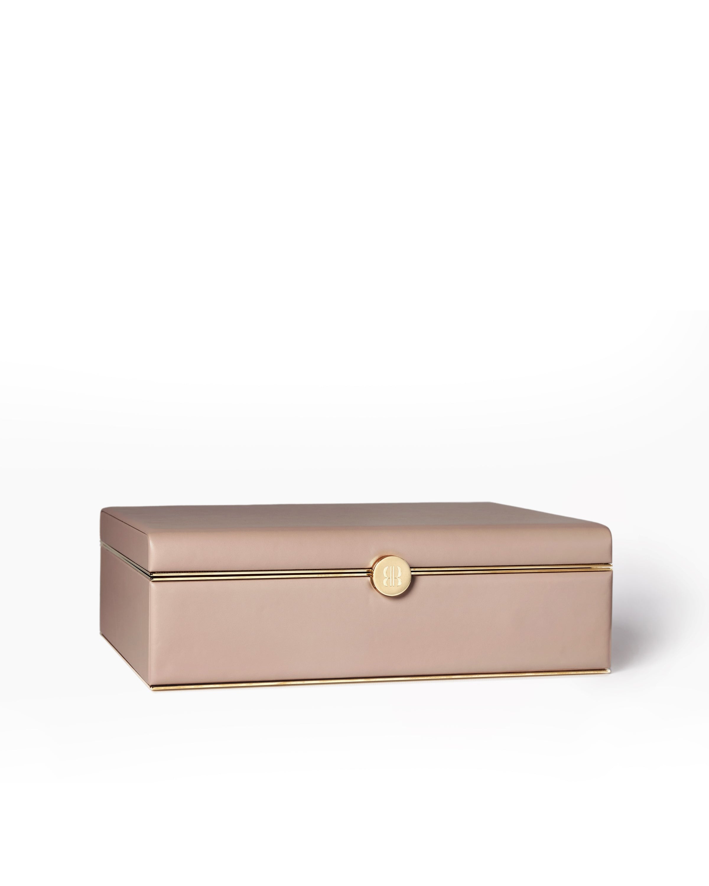 Bernardini Milano jewellery holder of light pink leather, yellow gold plated and silk - closed