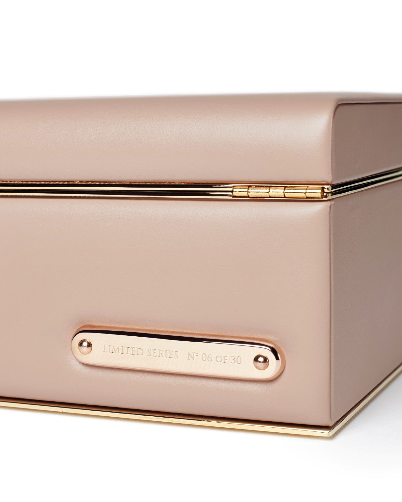 Bernardini Milano jewellery holder of light pink leather, yellow gold plated and silk - limited series target detail