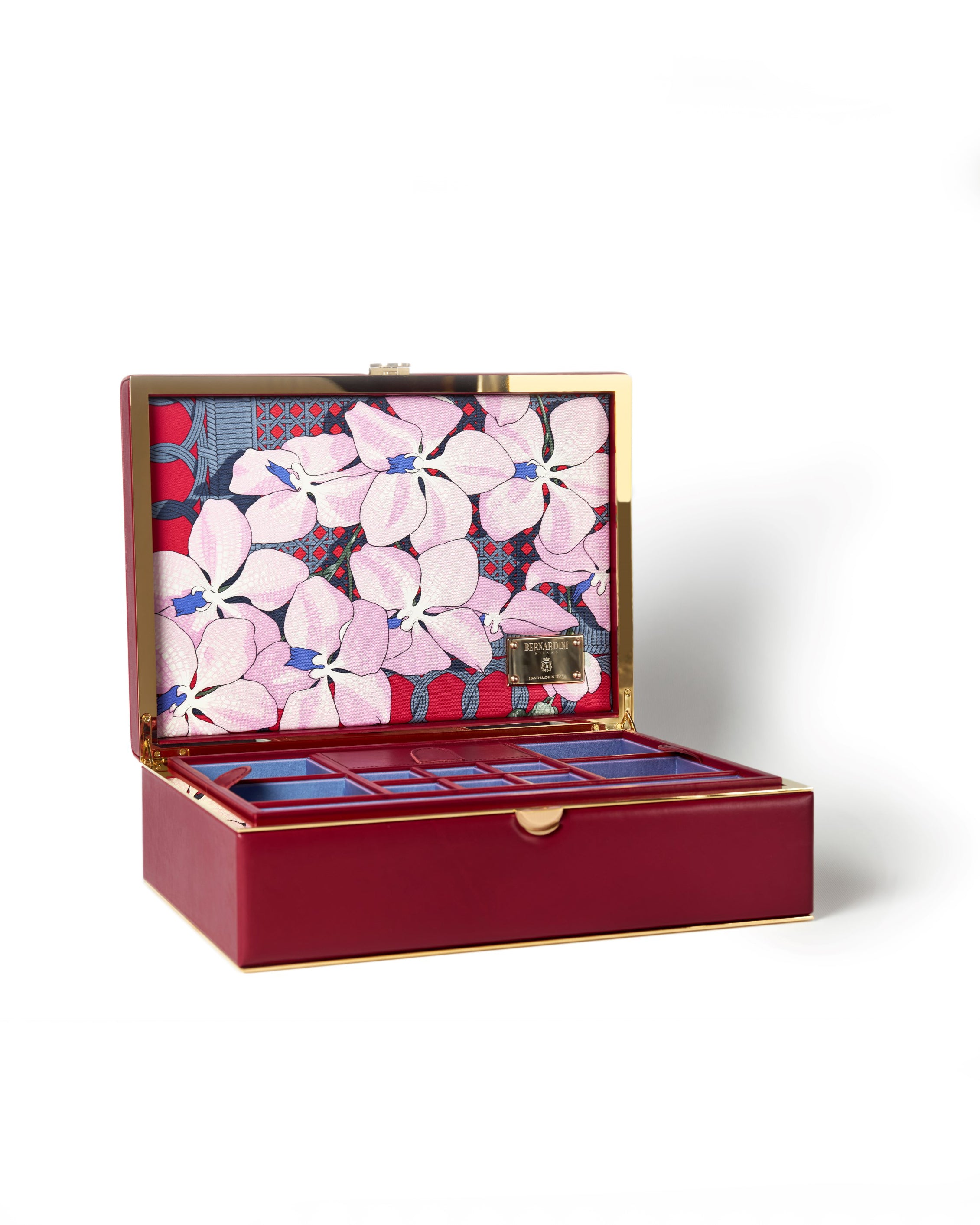 Bernardini Milano jewellery holder in red leather, yellow gold plated and silk