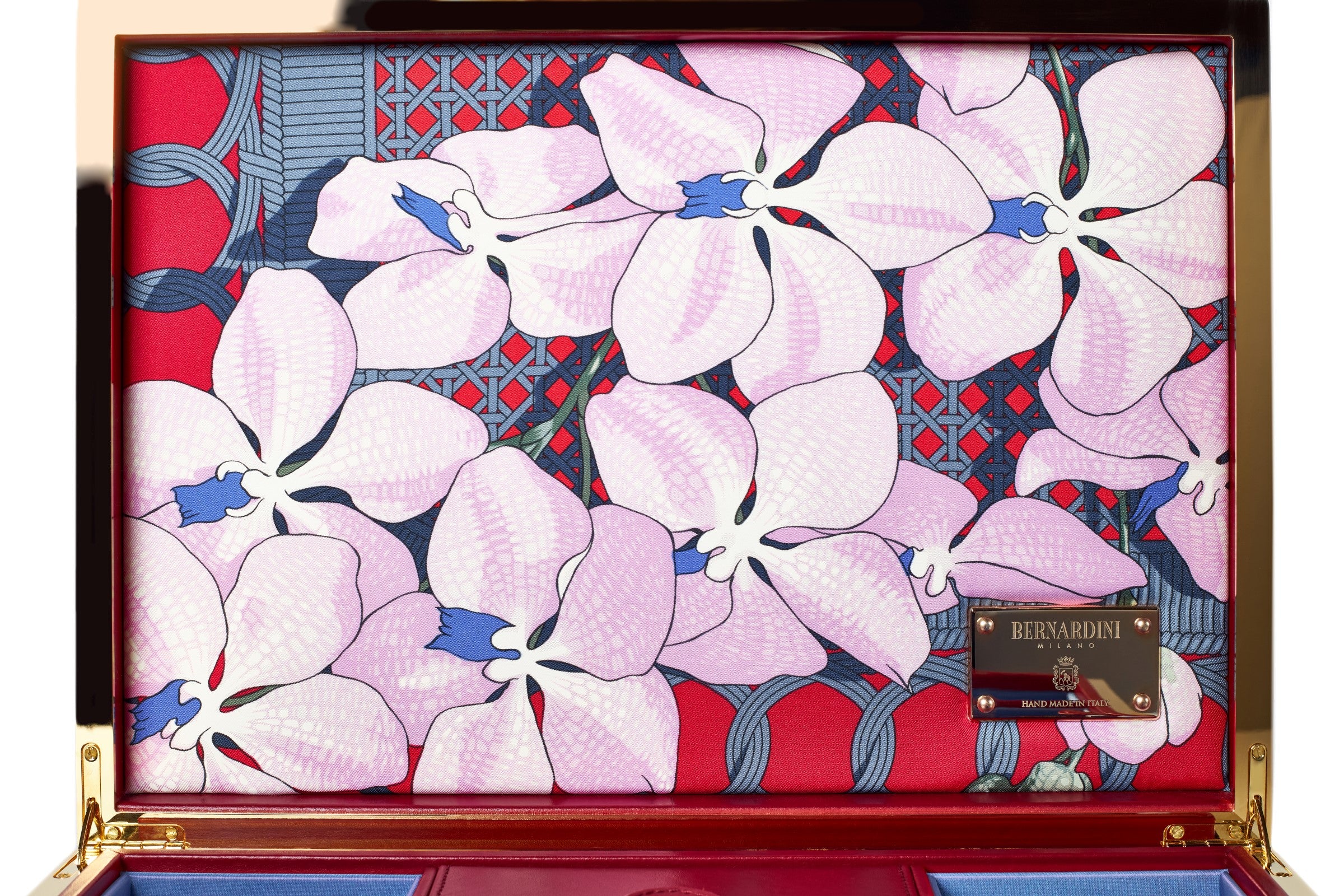 Bernardini Milano jewellery holder in red leather, yellow gold plated and silk - carrè detail