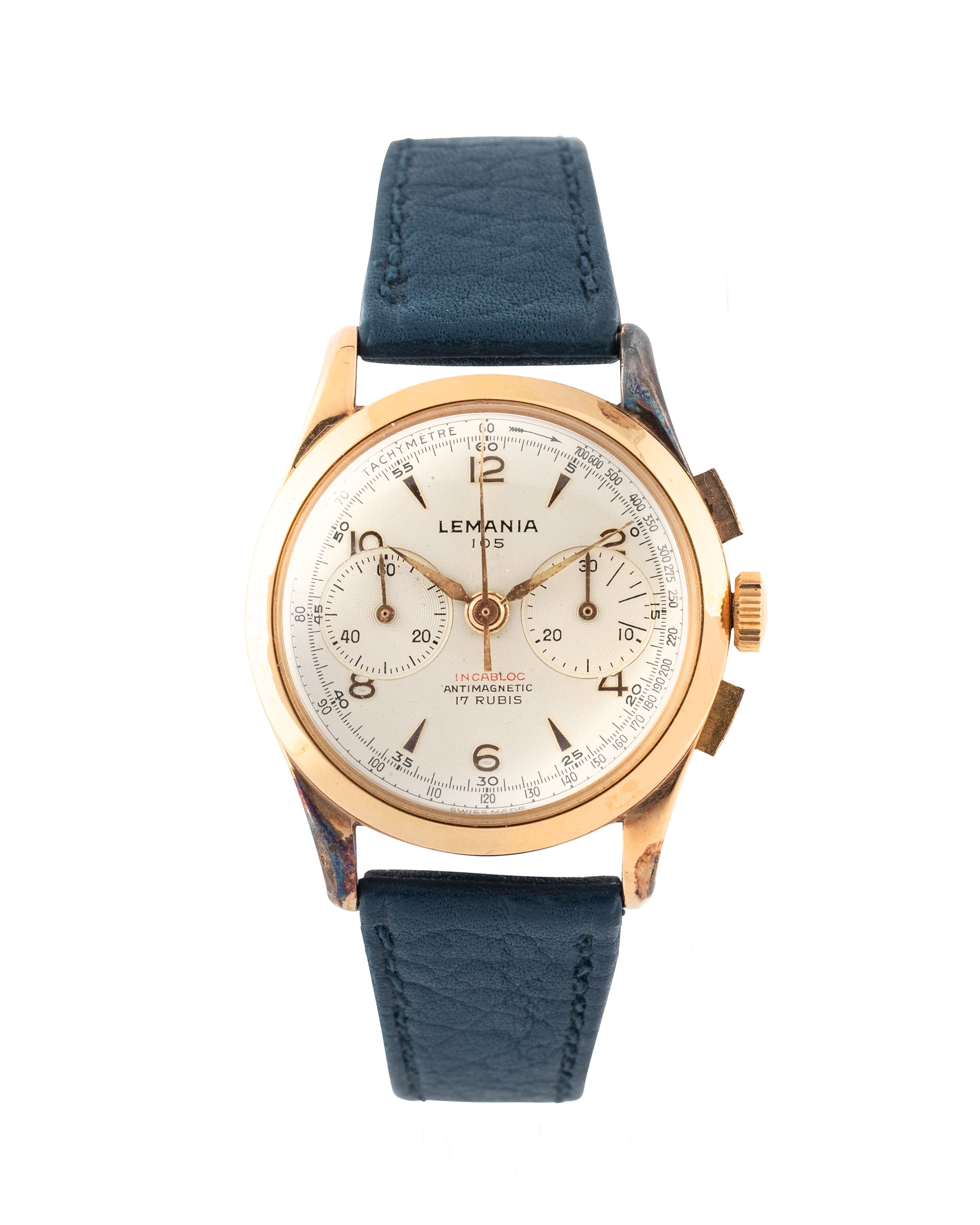 Lemania Chronograph "105 Incabloc" wrist watch, yellow gold case with white dial 