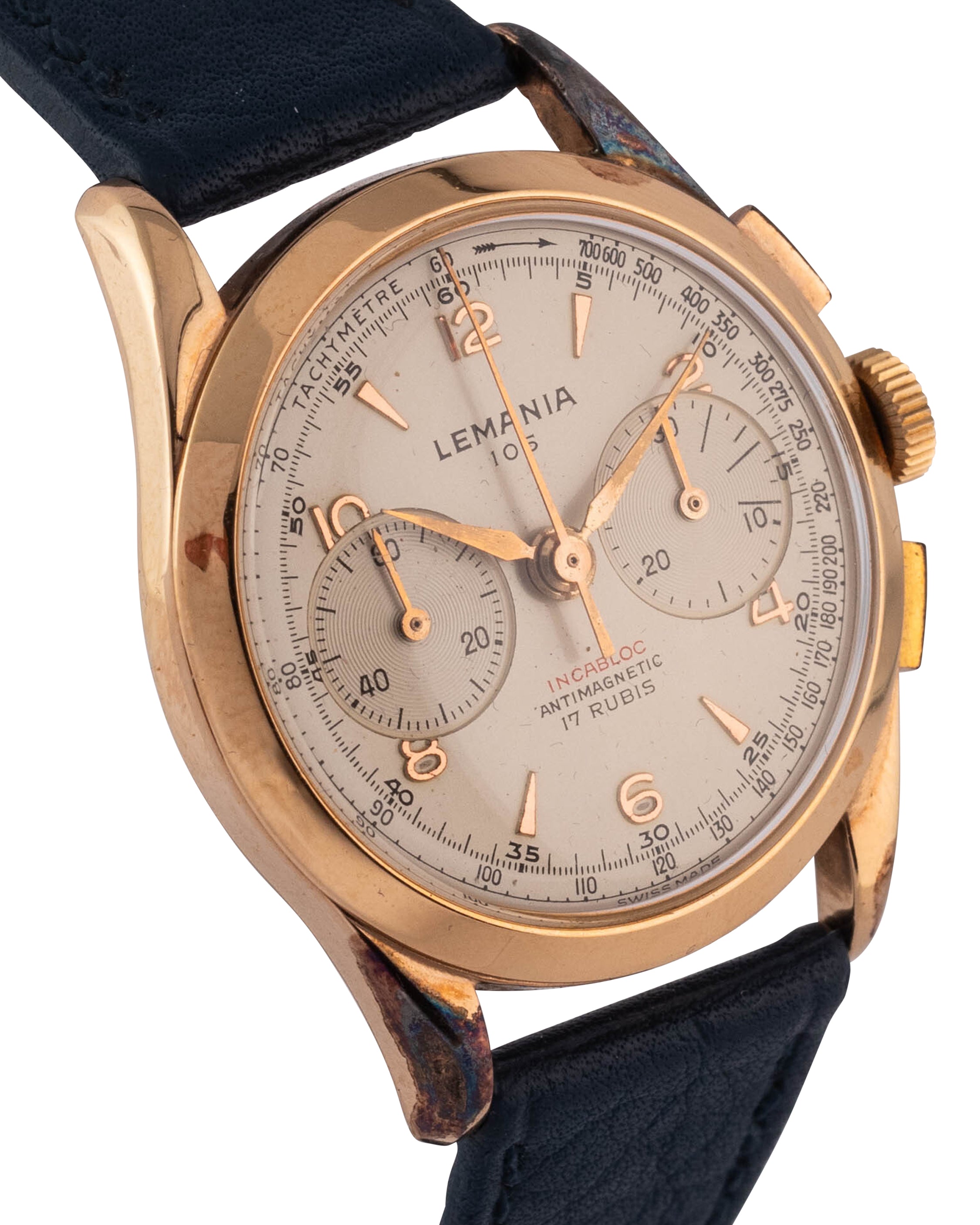 Lemania Chronograph "105 Incabloc" wrist watch, yellow gold case with white dial