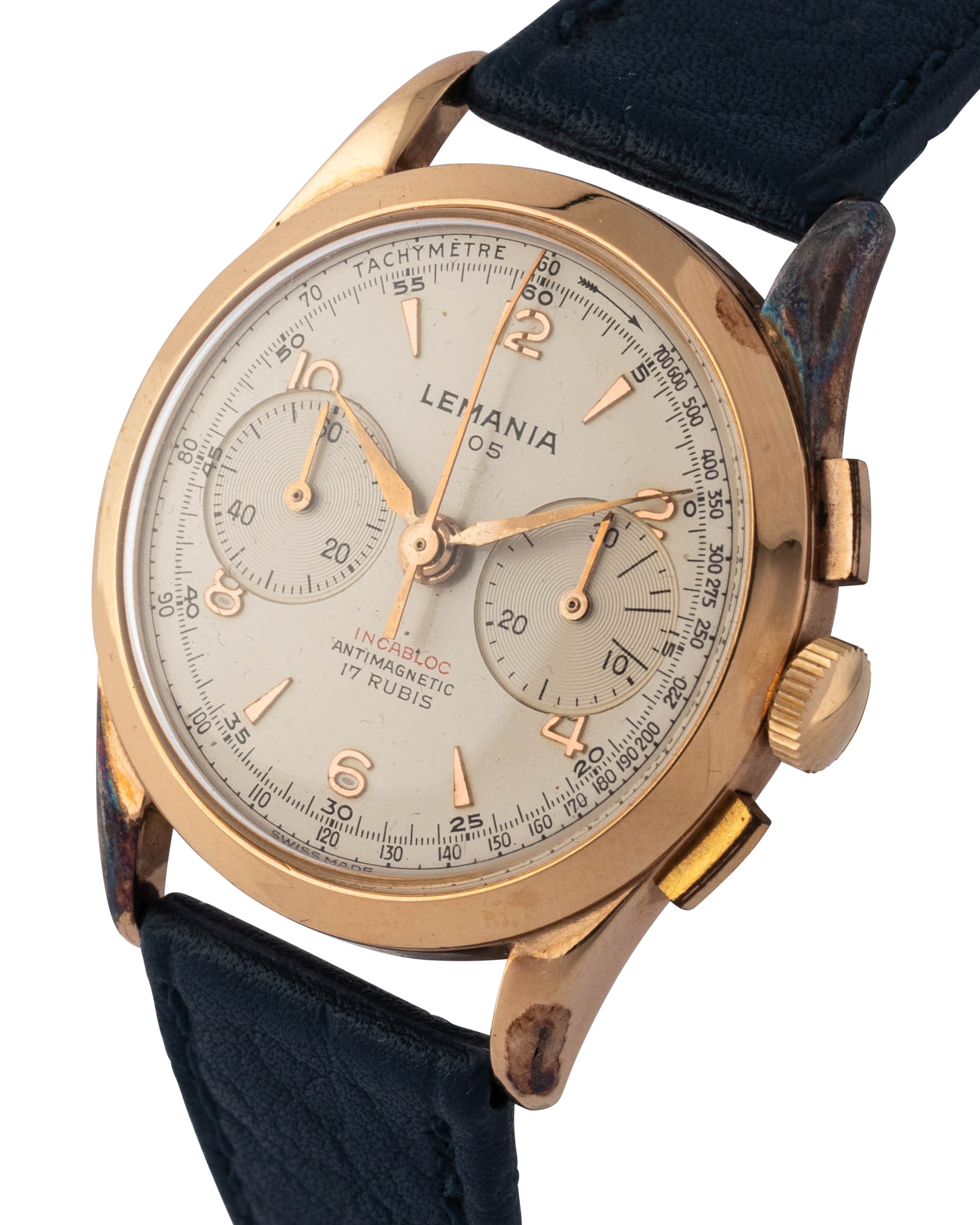 Lemania Chronograph "105 Incabloc" wrist watch, yellow gold case with white dial
