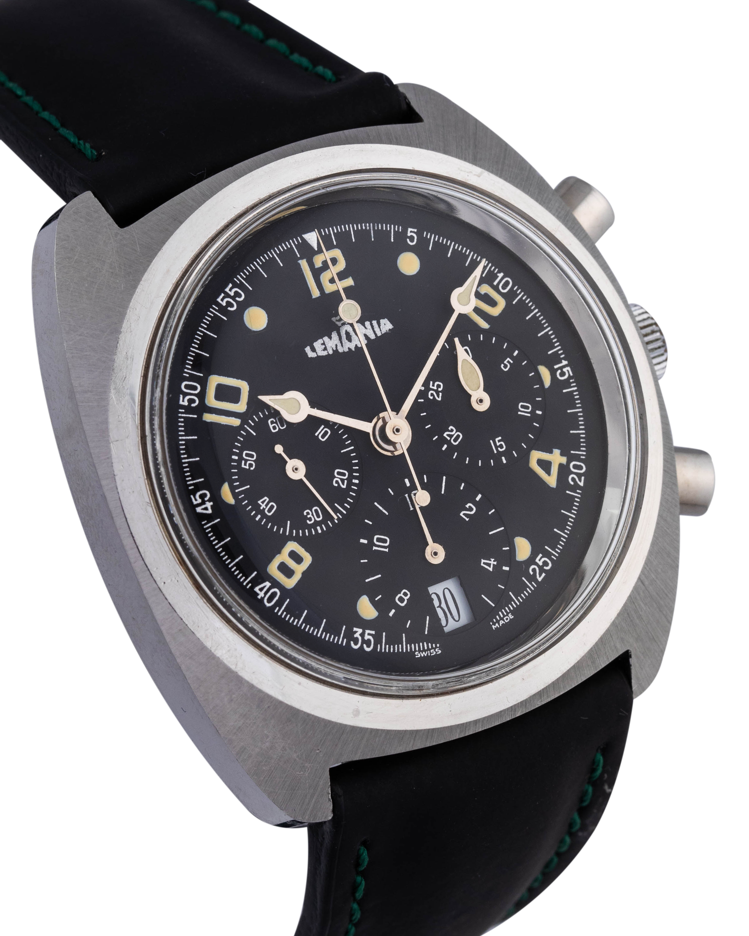 Lemania Chronograph wrist watch in stainless, black dial