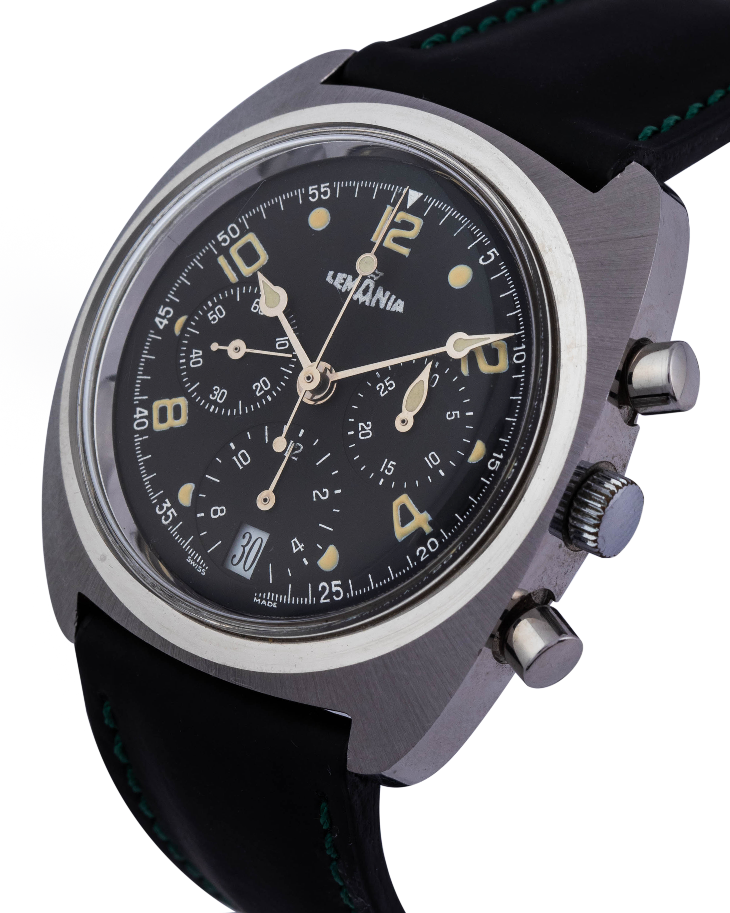 Lemania Chronograph wrist watch in stainless, black dial