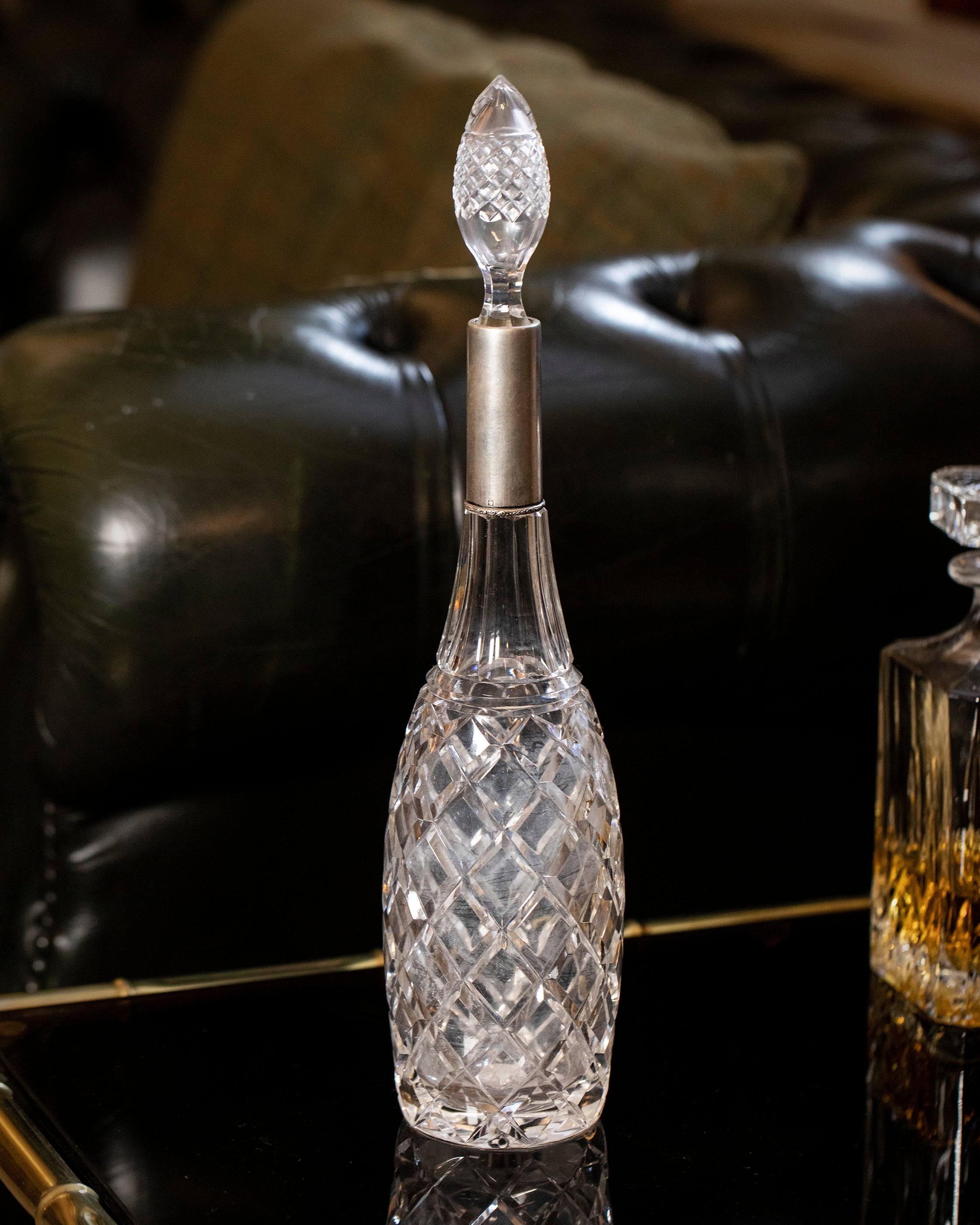 Mid-Century Crystal Liquor Decanter Bottle with silver detail