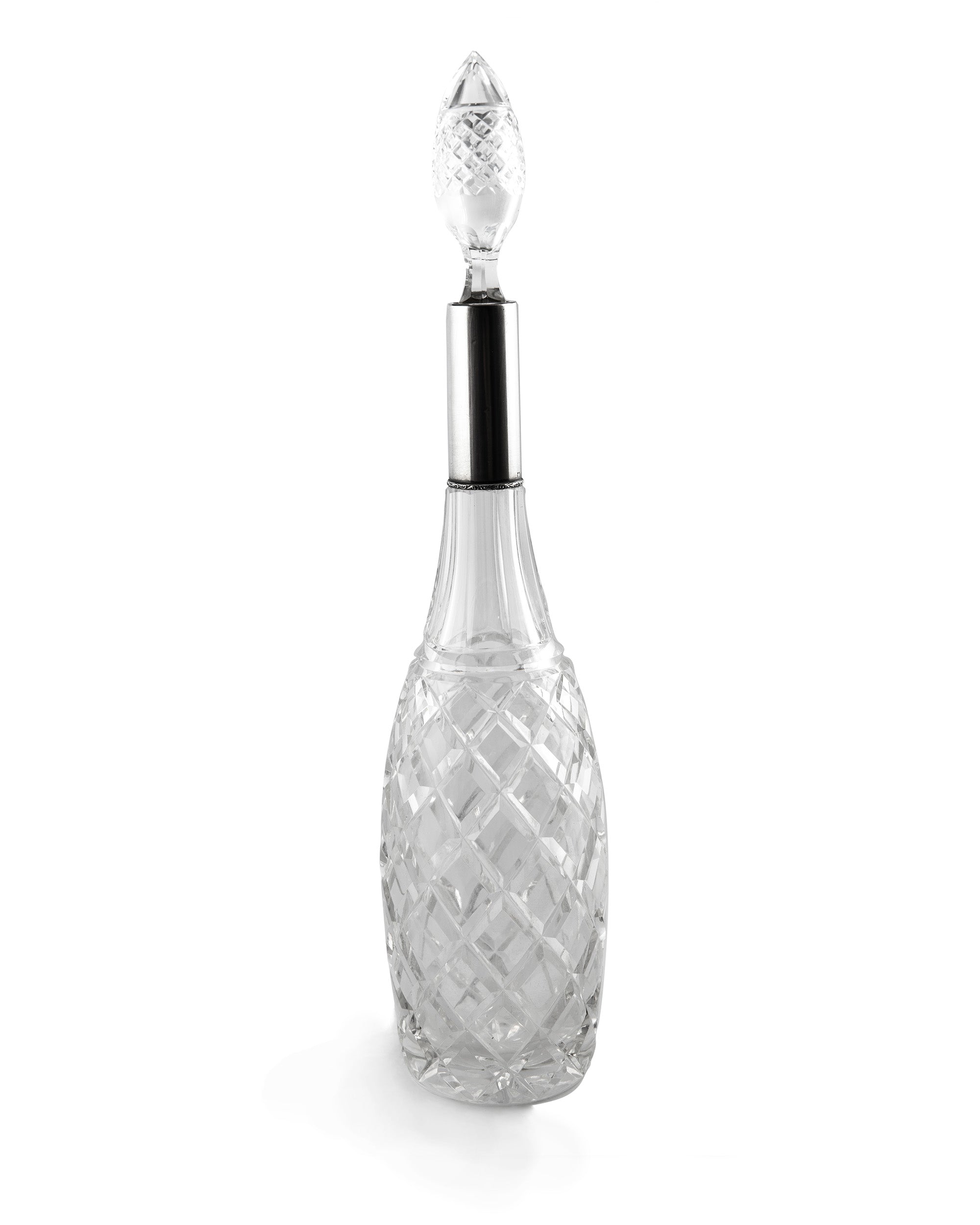 Mid-Century Crystal Liquor Decanter Bottle with silver detail