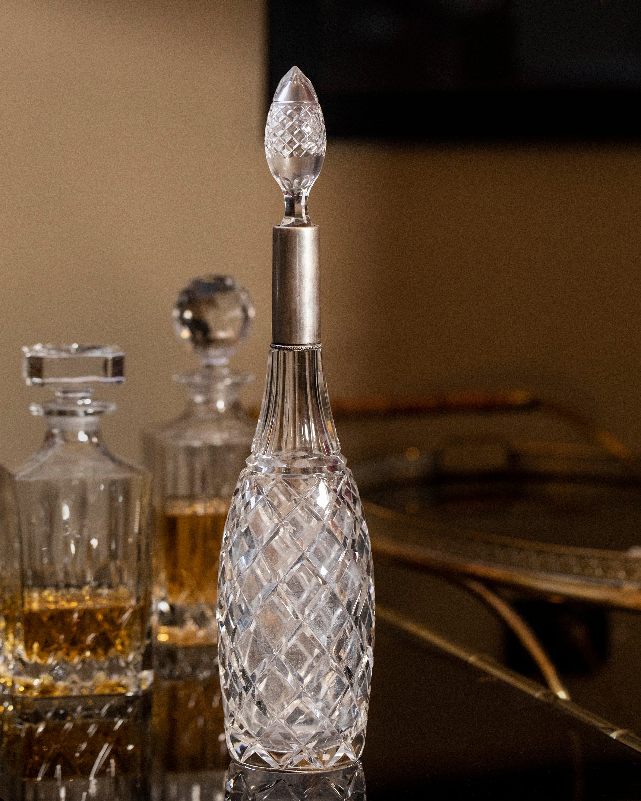 Mid-Century Crystal Liquor Decanter Bottle with silver detail