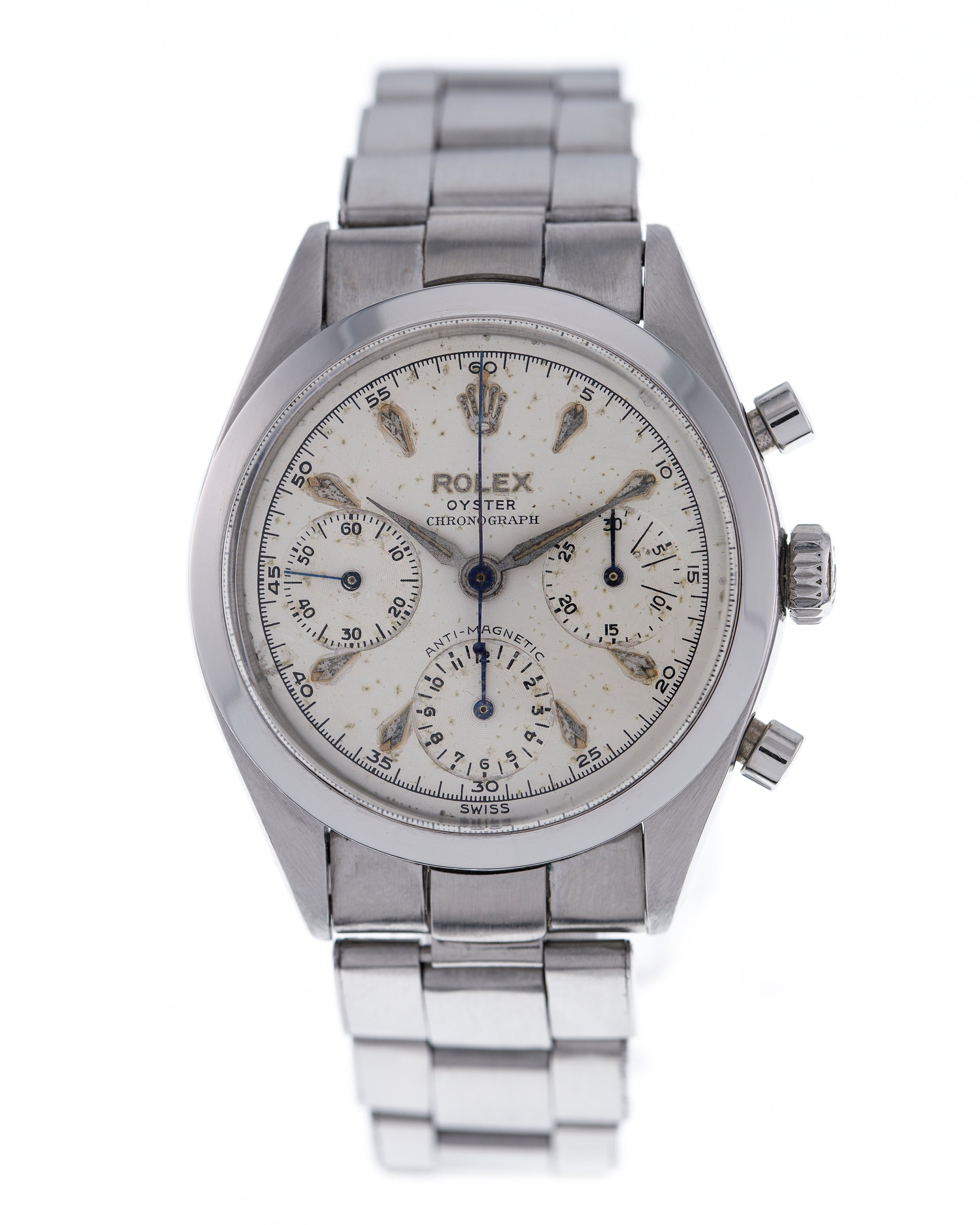 Ref. 6234 Case: water resistant 36 mm in stainless steel, screw back and crown, rounded pushers and flat bezel with Oyster Rolex bracelet.