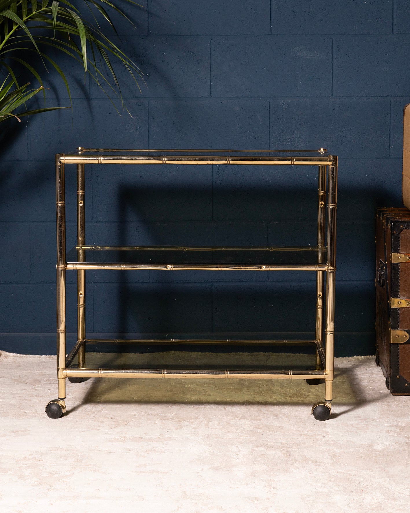 Three-Tier Brass Bar Trolley with Bamboo Motif