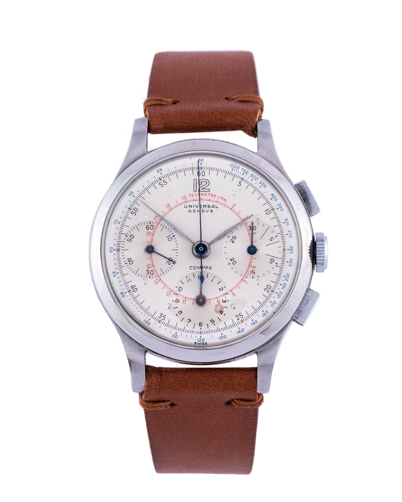Universal Genève Compax ref. 22495 in stainless steel with white dial red graphics 