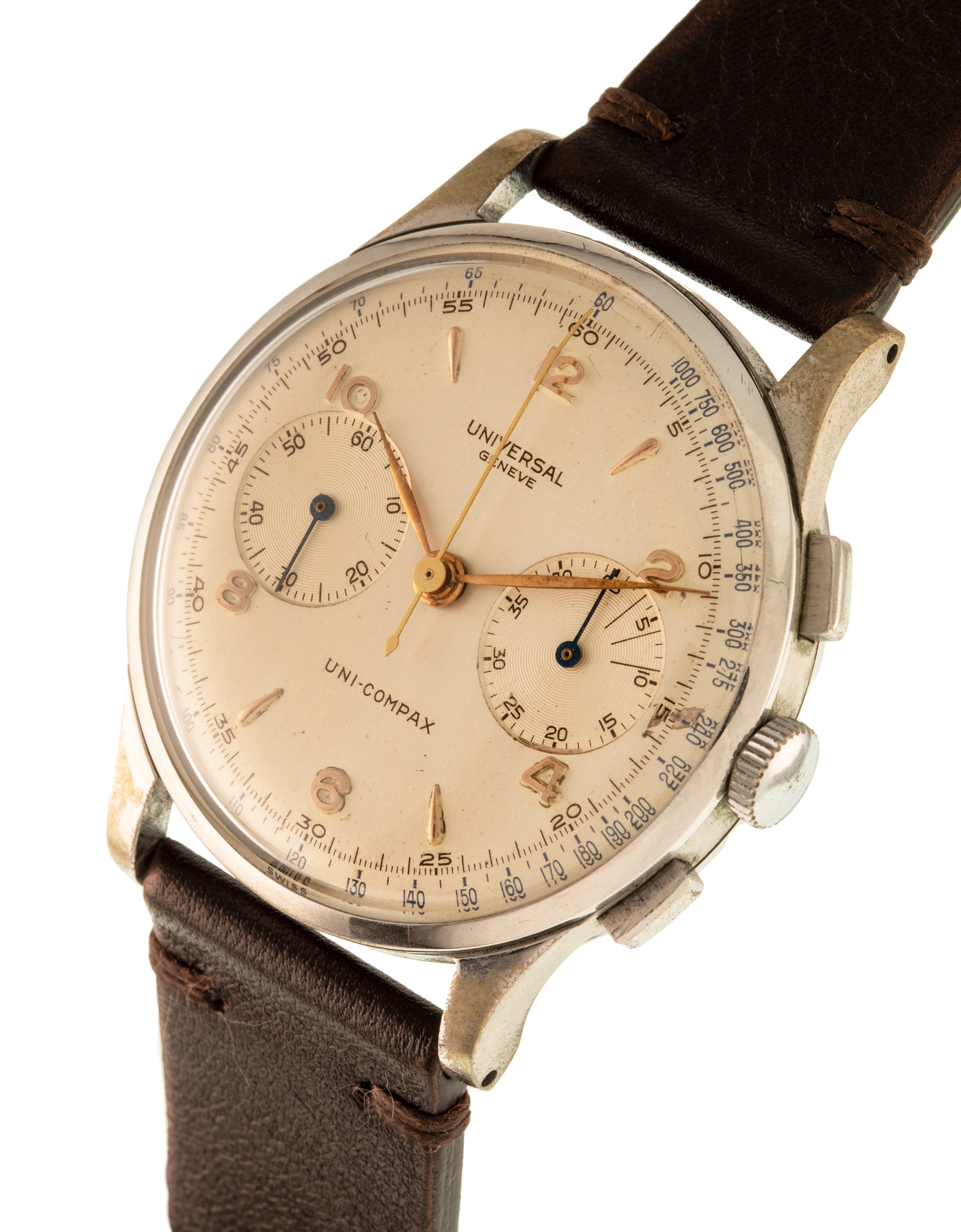 Universal Genève Ref. 32416 Uni-Compax Oversize in stainless steel with white dial and gold indexes