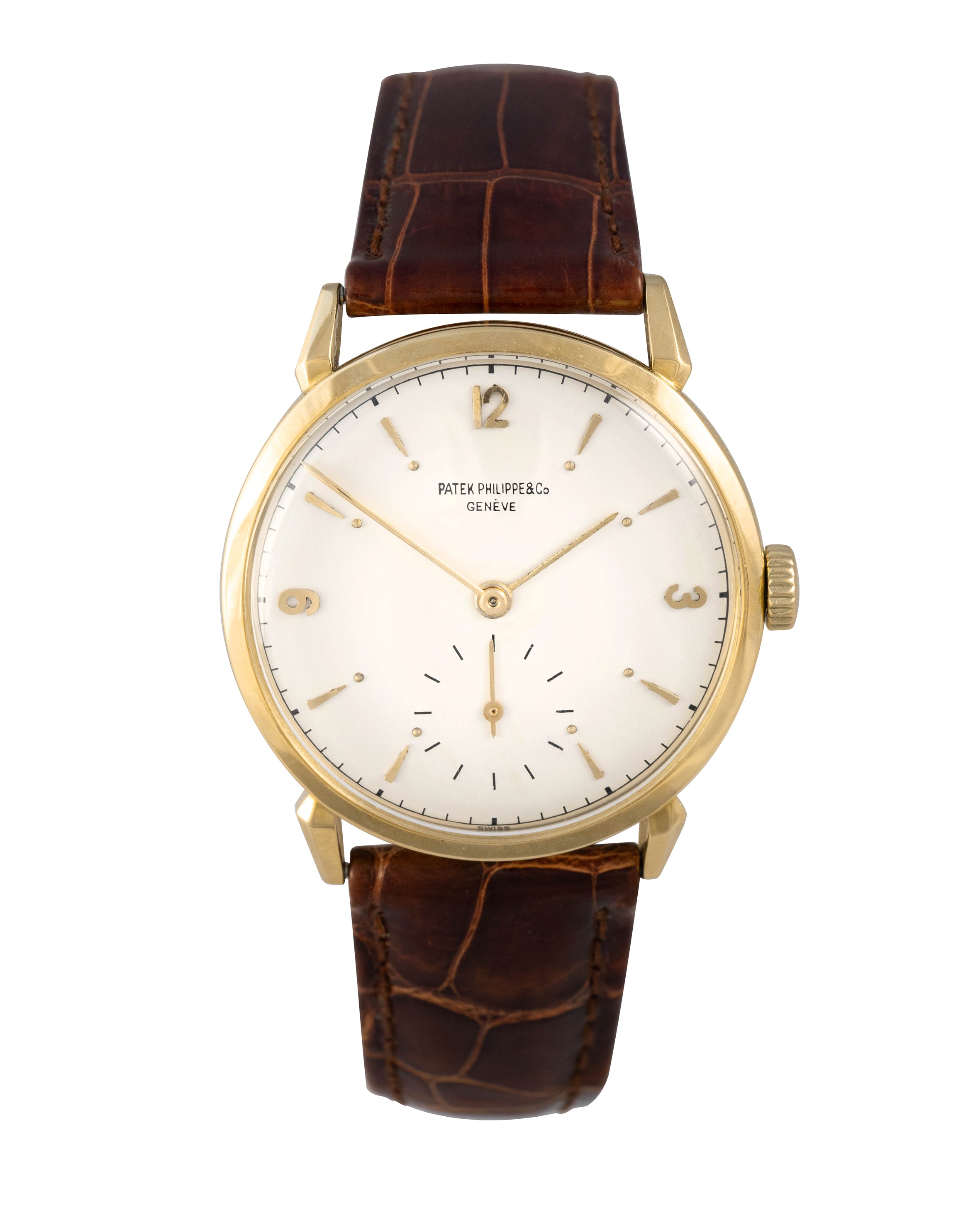 Patek Philippe Ref. 1578 'Anse a Ragno' Calatrava in yellow gold with gold baton and indexes front view