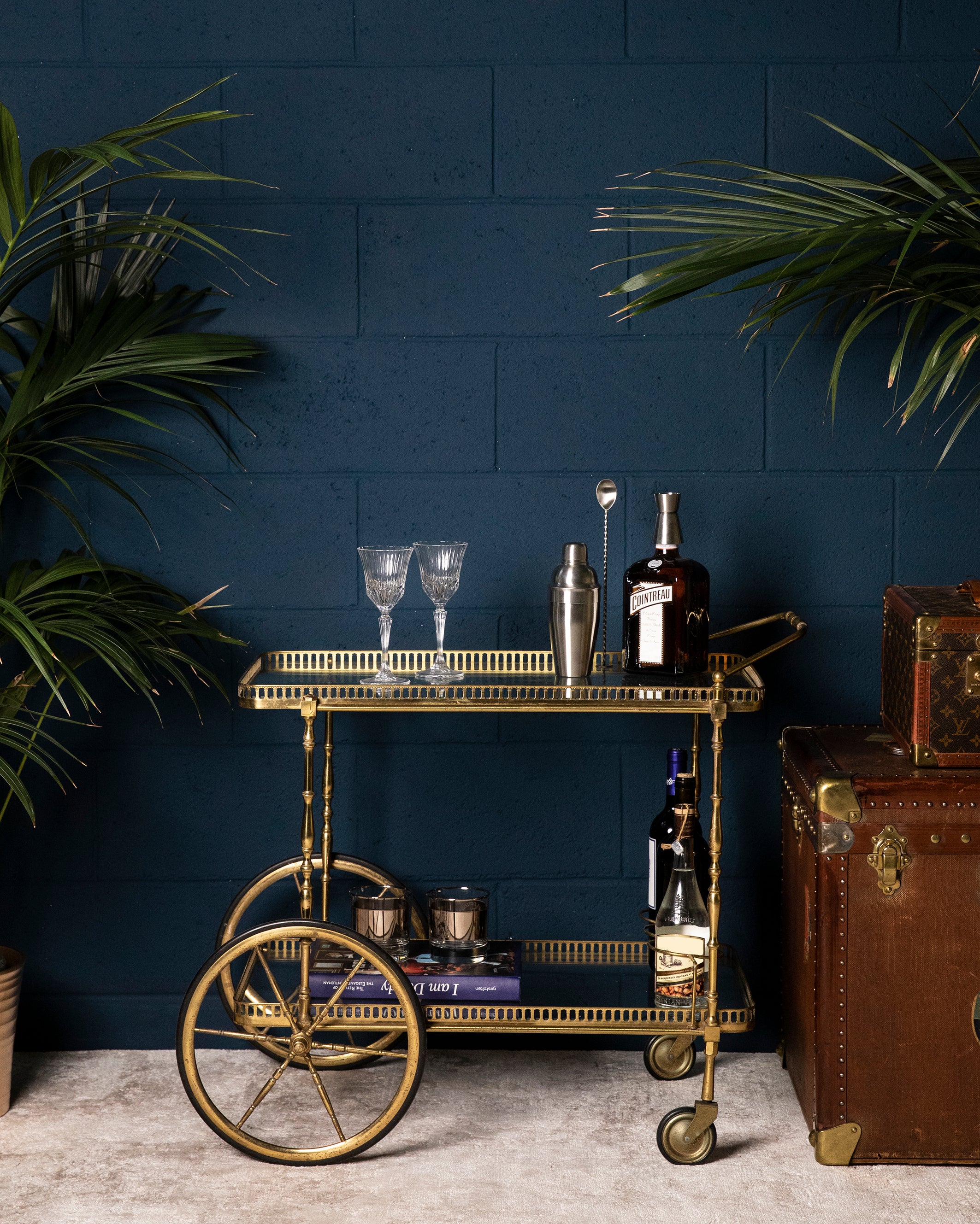 Gold brass Bar Cart with Coach wheels