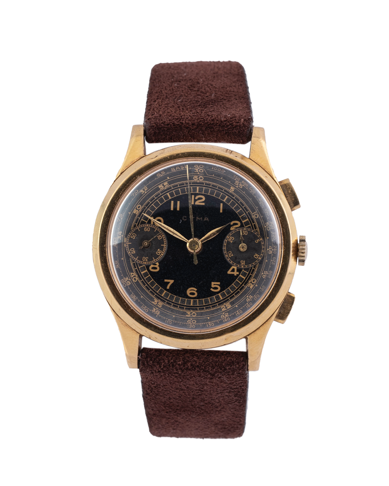 Cyma Chronograph black dial and gold case