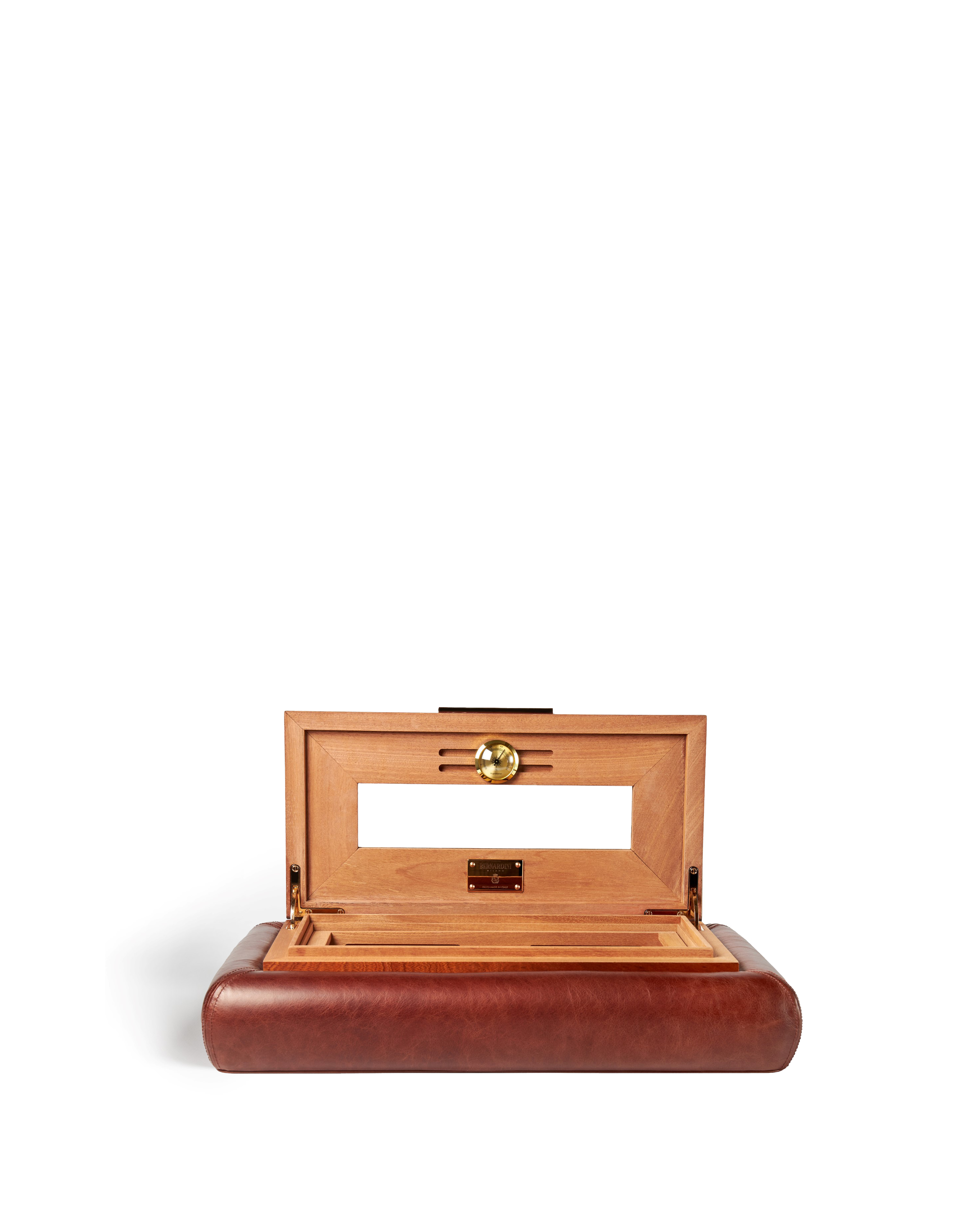 Bernardini Humidor Deco -  Brown leather and Mahogany wood - open