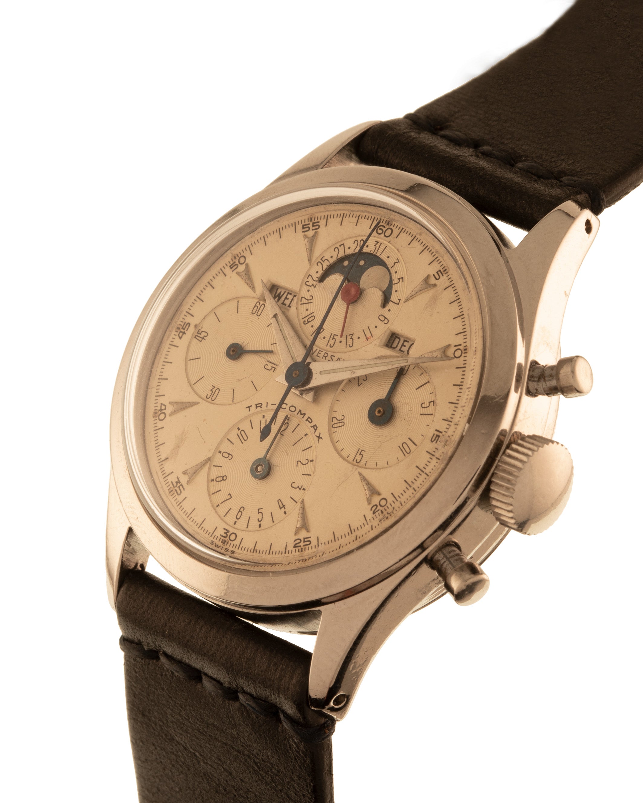 Universal Genève Ref. 22297 Tri Compax Rounded Pushers "spillino" in stainless steel woth white dial