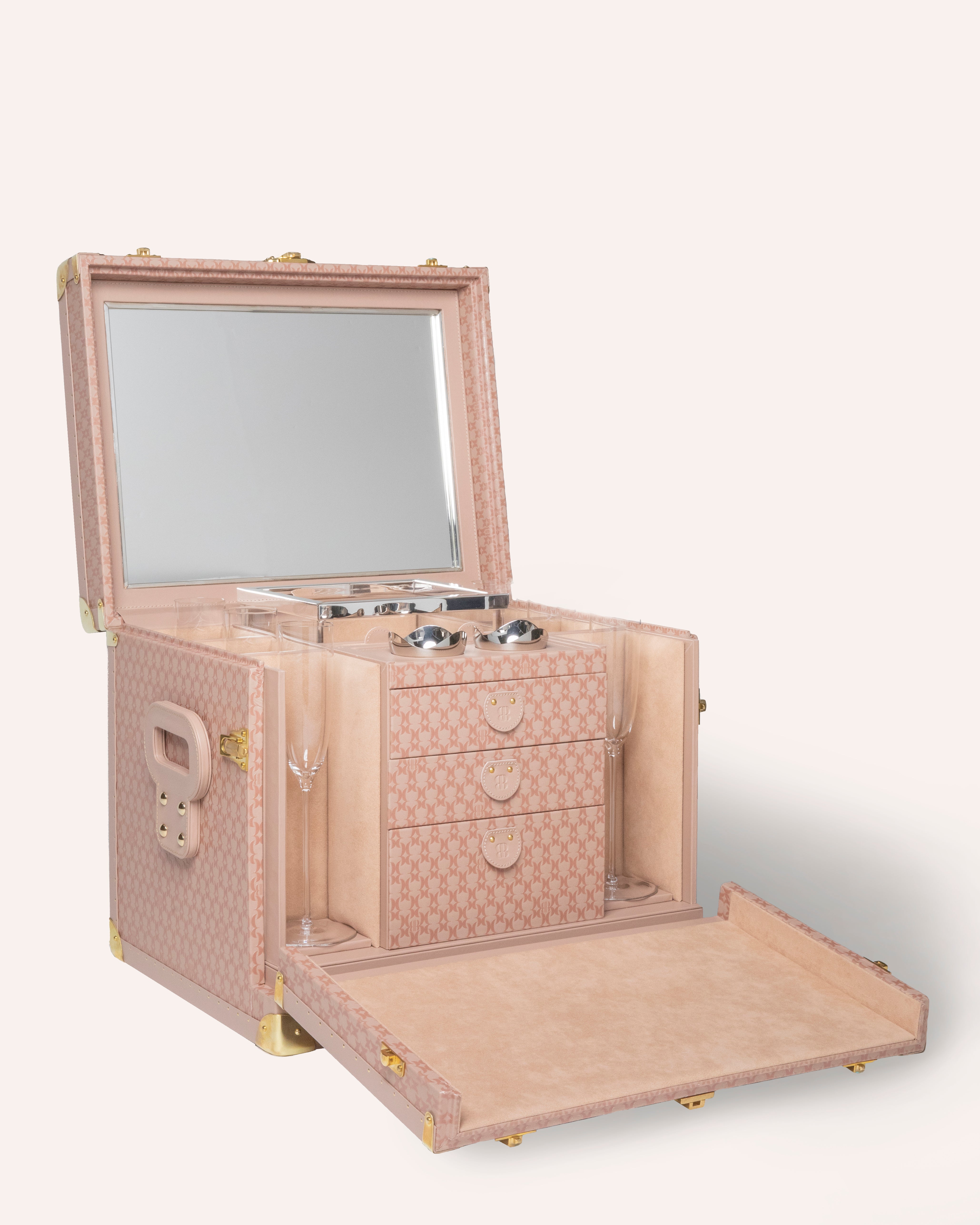 Bernardini Milano Champagne trunk - pink leather and alcantara - with 6 flutes and ice bucket