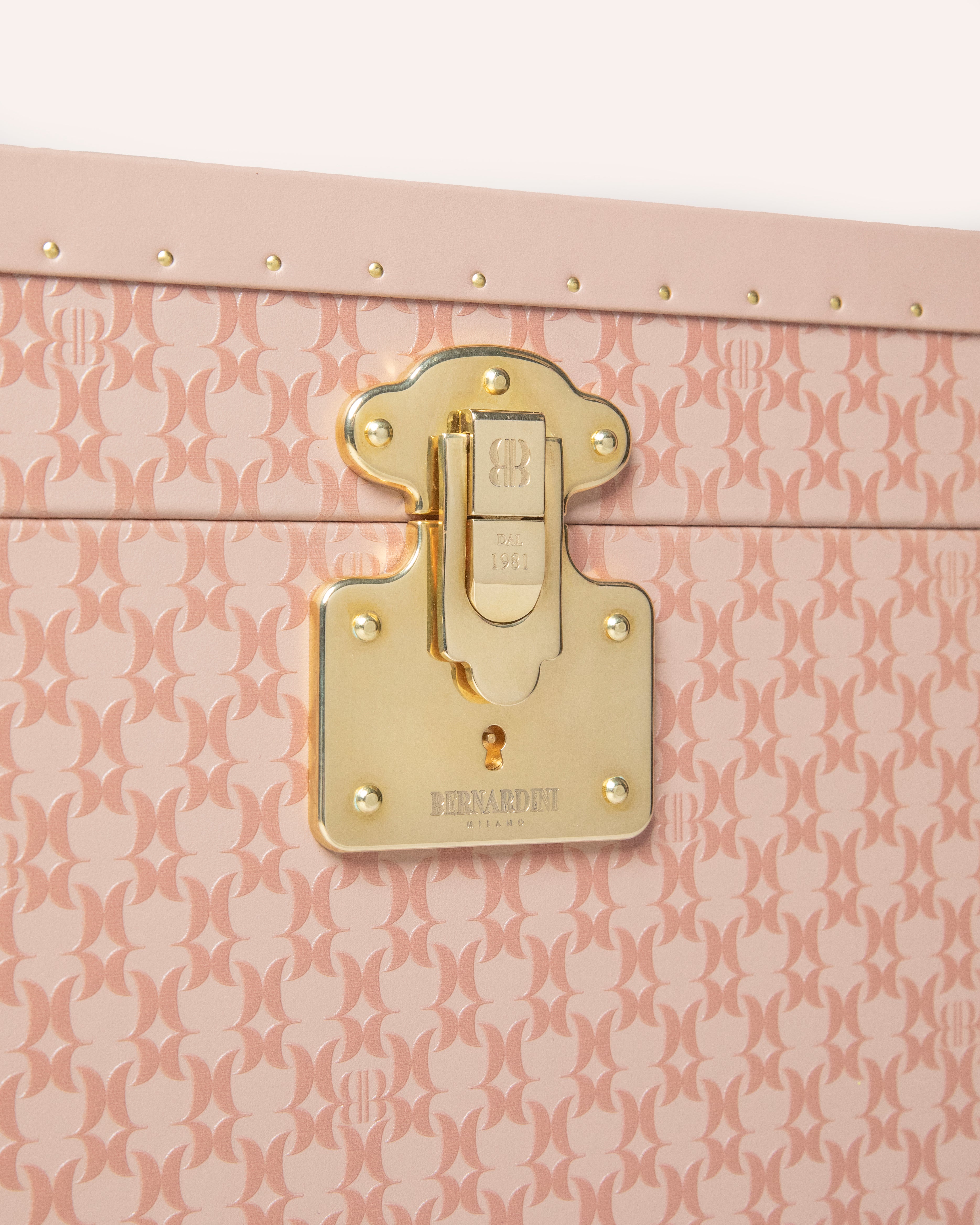 Bernardini Milano Champagne trunk - pink leather and alcantara - with 6 flutes and ice bucket - detail