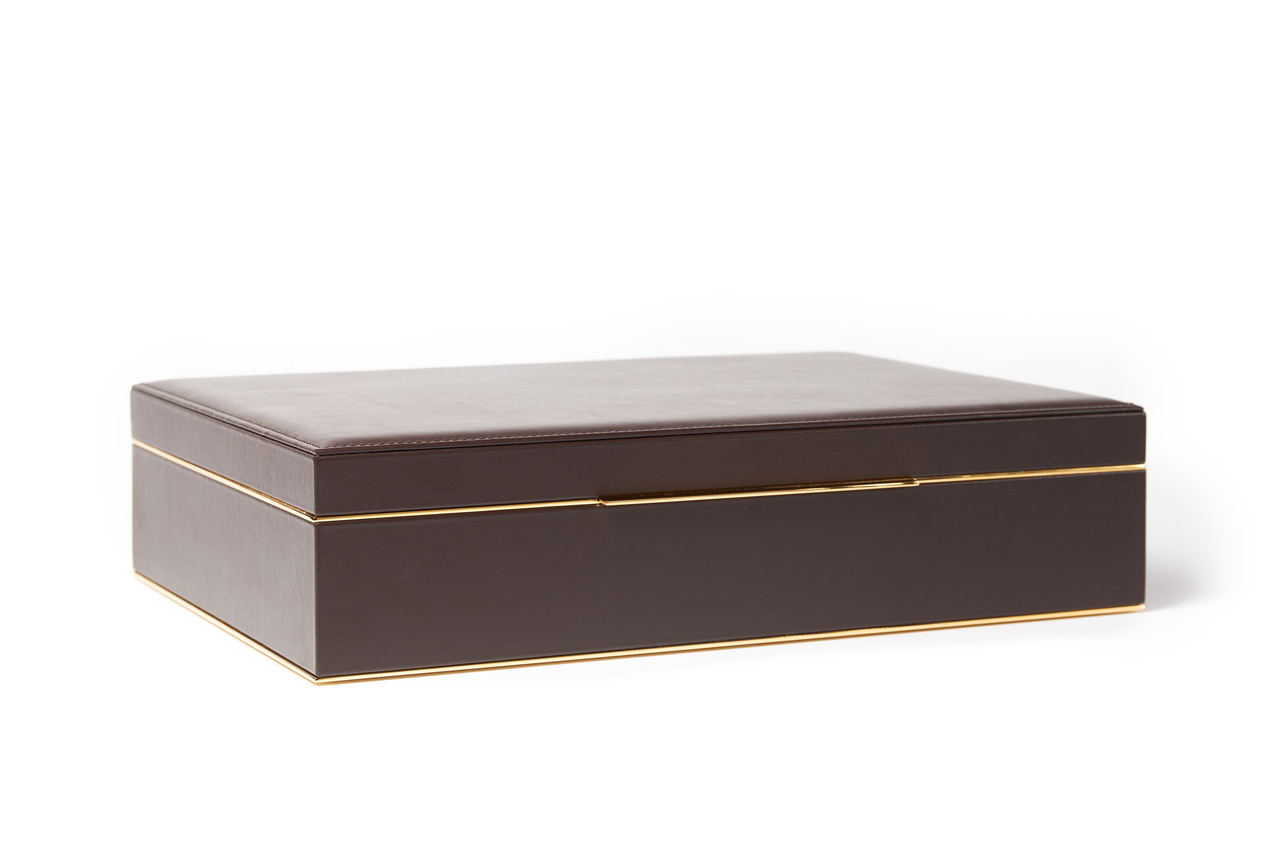 Bernardini Milano Watch Holder - Deep Brown leather and Sand alcantara with yellow gold plated details - closed