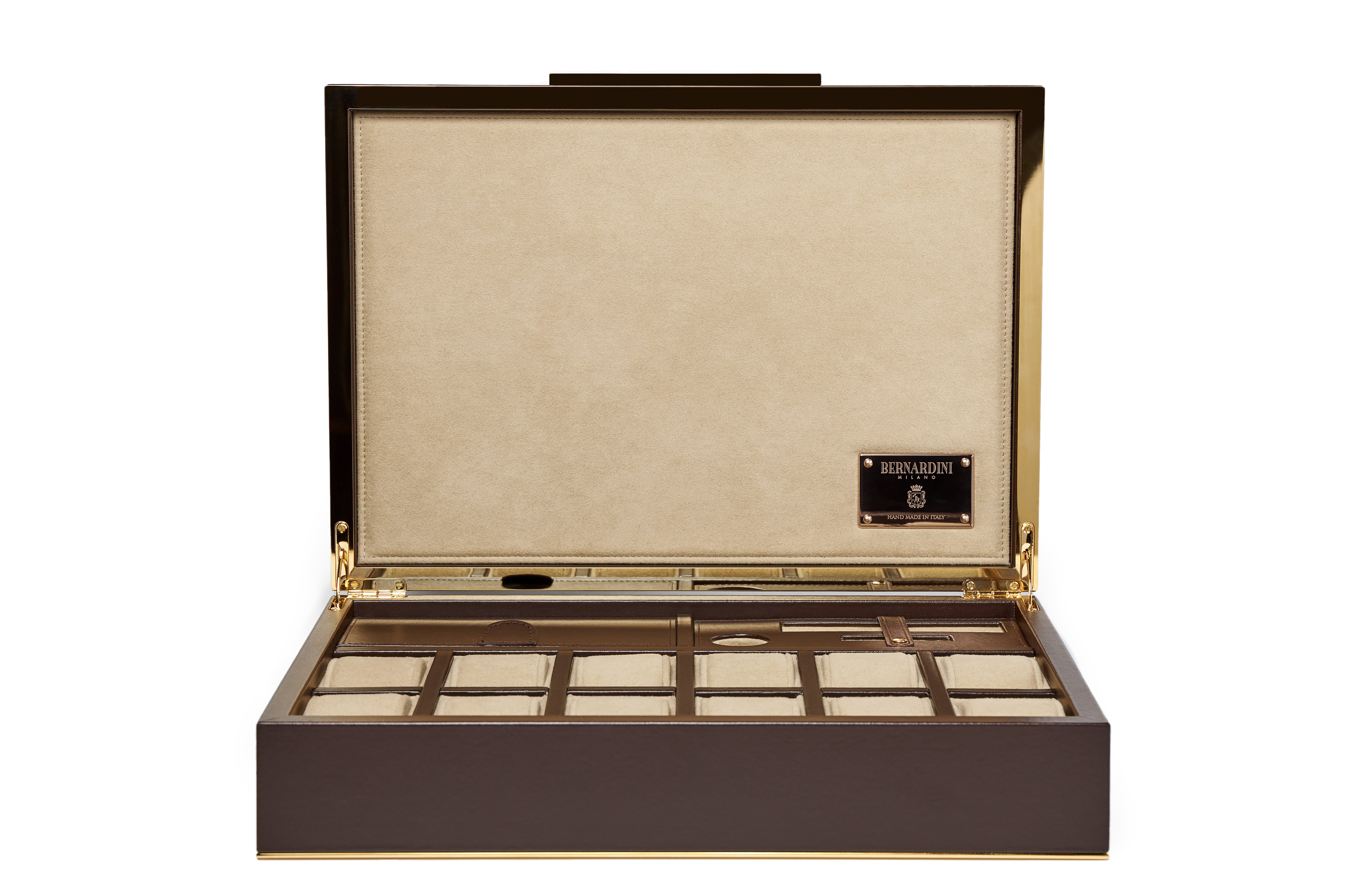 Bernardini Milano Watch Holder - Deep Brown leather and Sand alcantara with yellow gold plated details