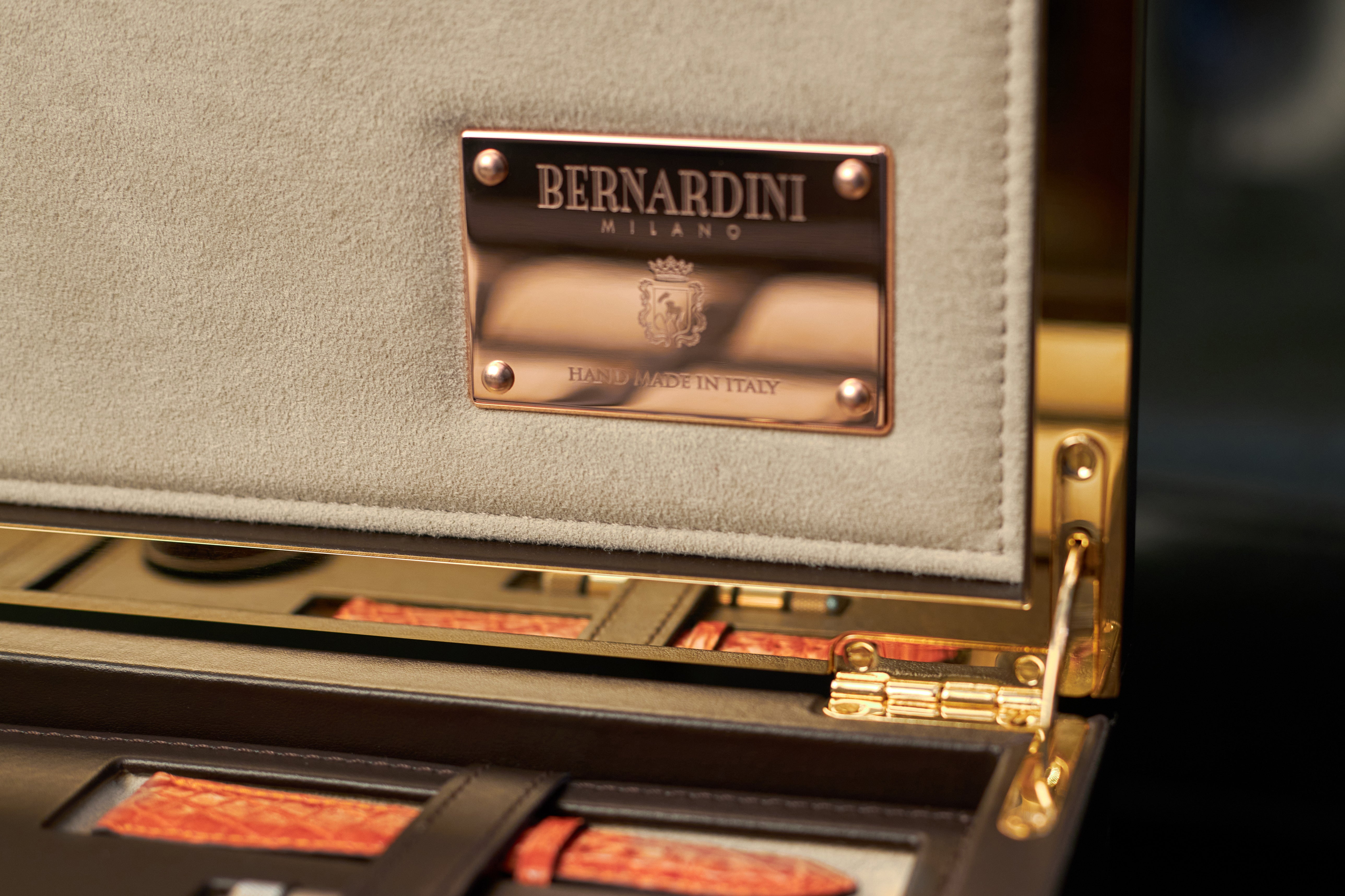 Bernardini Milano Watch Holder - Deep Brown leather and Sand alcantara with yellow gold plated details