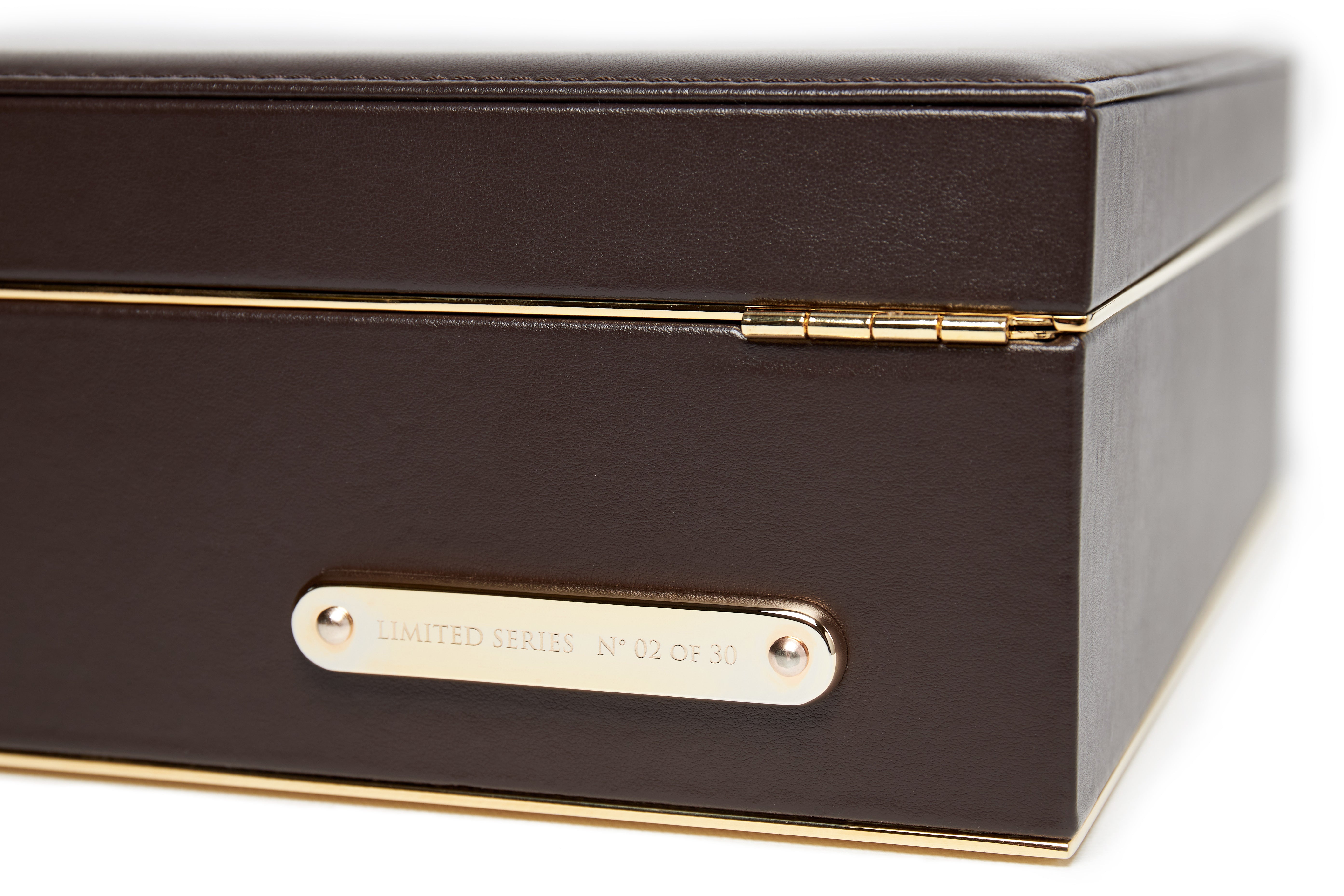Bernardini Milano Watch Holder - Deep Brown leather and Sand alcantara with yellow gold plated details - limited series target details