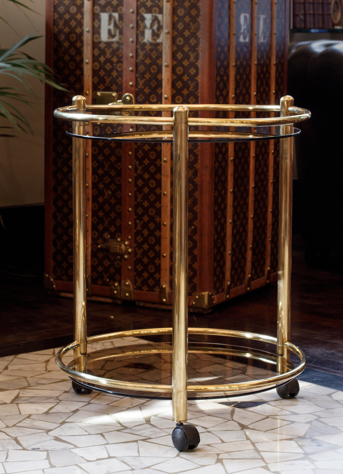 Carrello rotondo in ottone dorato liscio - 1970 - Gold Brass Circular bar cart