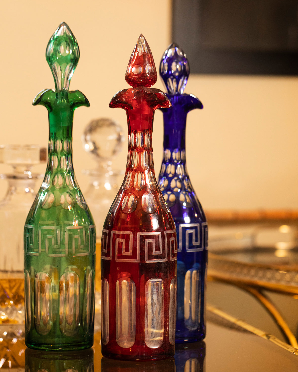 Colorful Victorian Crystal Liquor Decanter Bottle set