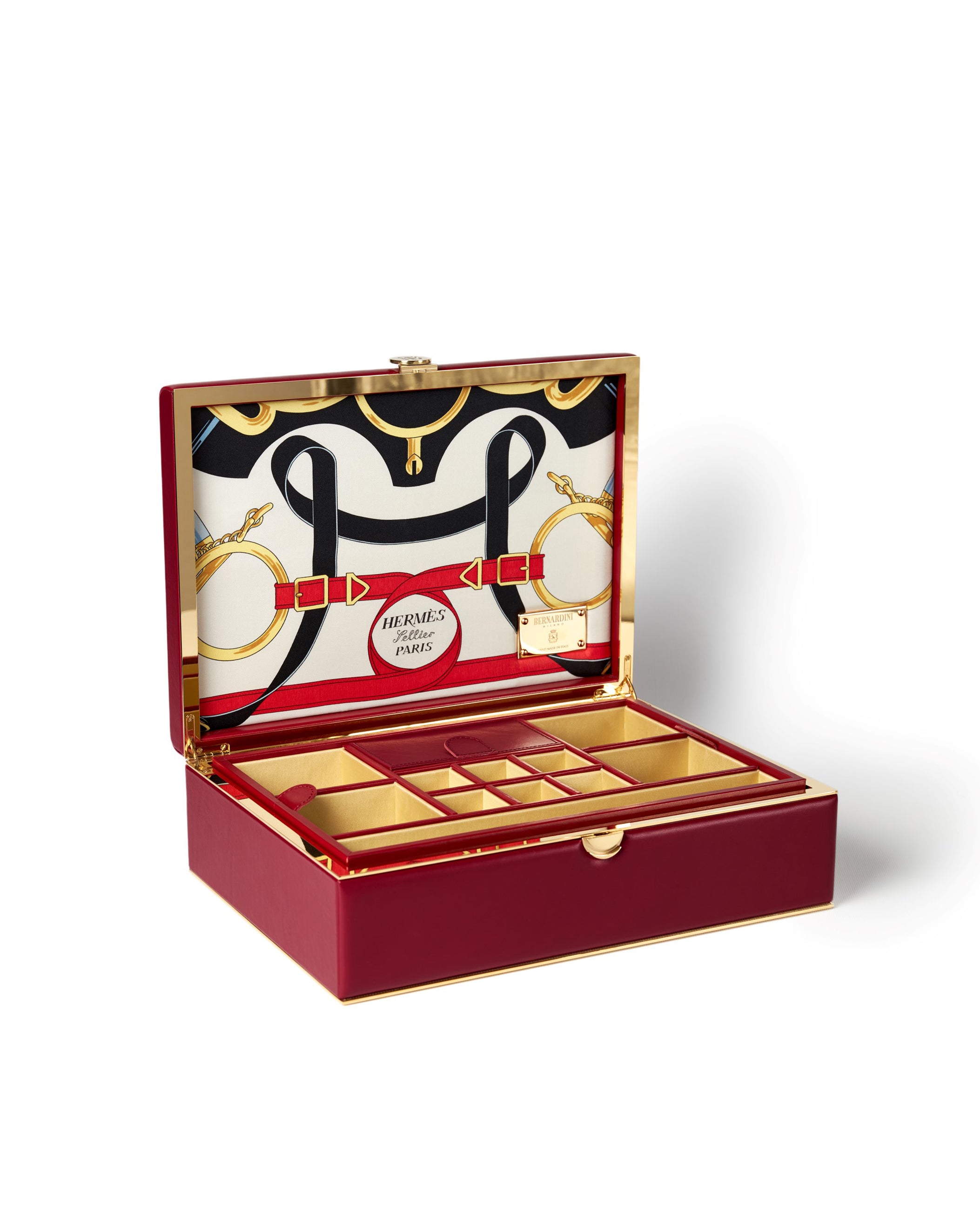 Bernardini Milano jewellery holder of red leather, yellow gold plated and silk - open wth extractable tray