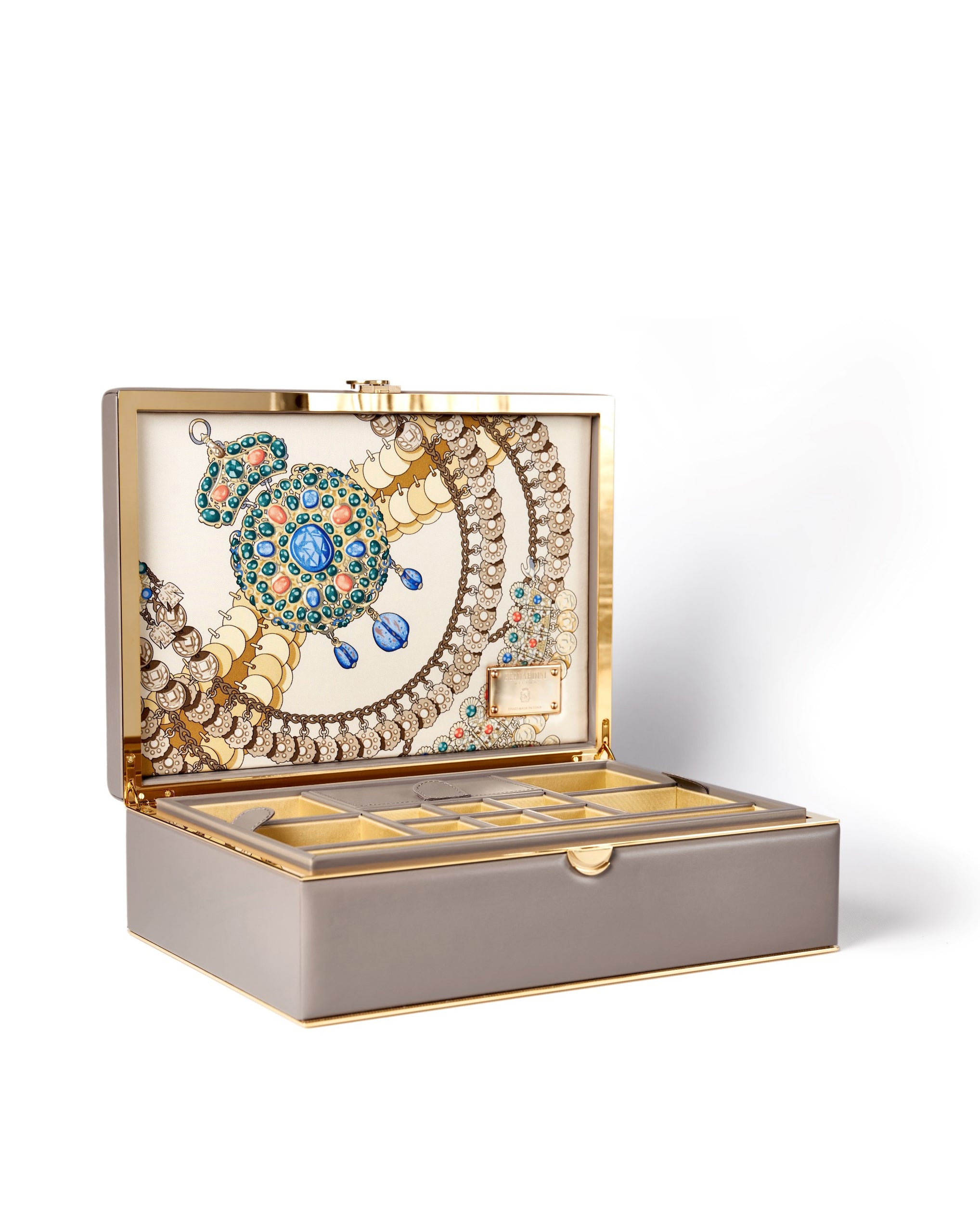 Bernardini Milano jewellery holder of light pink leather, yellow gold plated and silk - open wth extractable tray