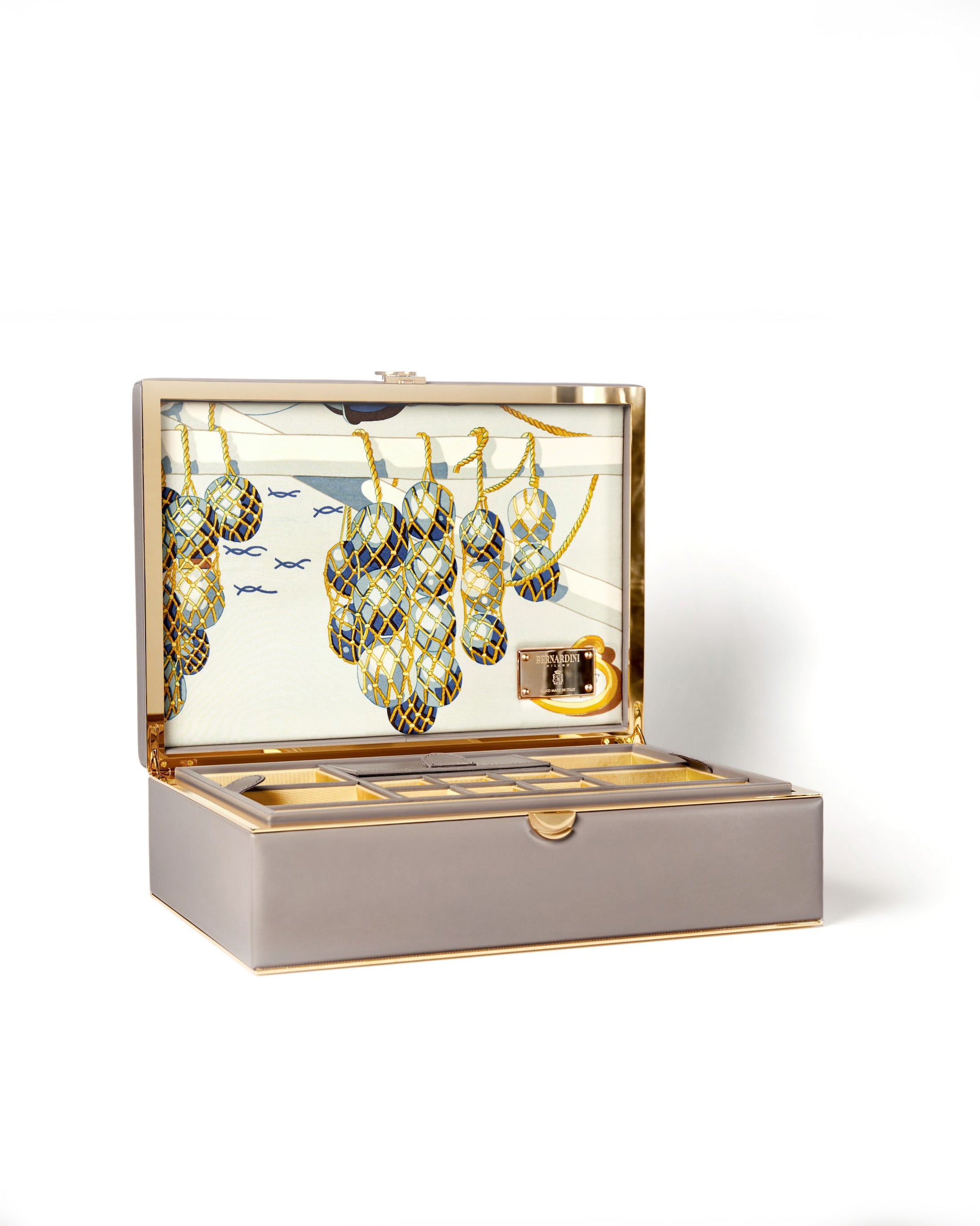 Bernardini Milano jewellery holder made of leather, yellow gold plated and silk 