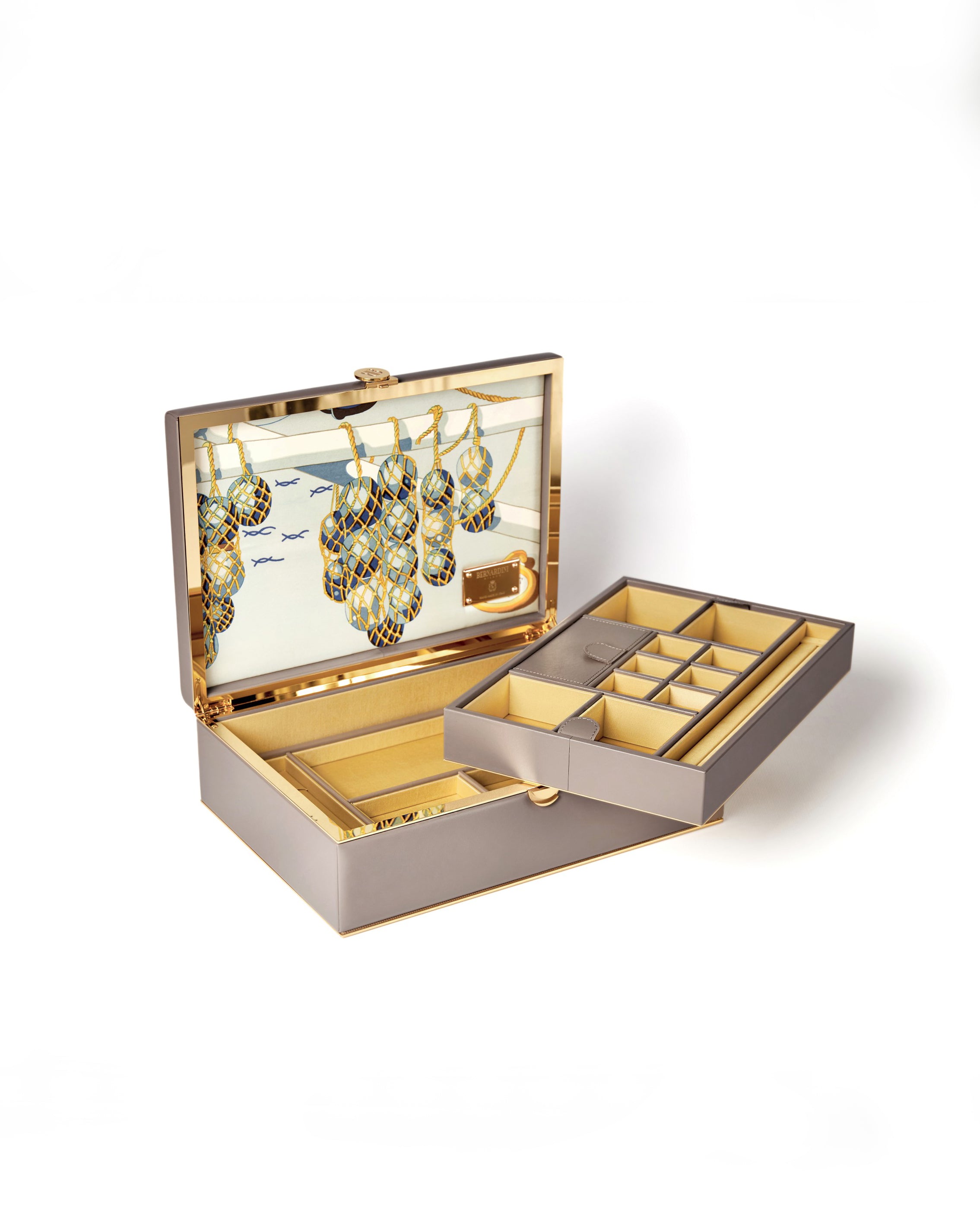 Bernardini Milano jewellery holder of leather, yellow gold plated and silk - open wth extractable tray 
