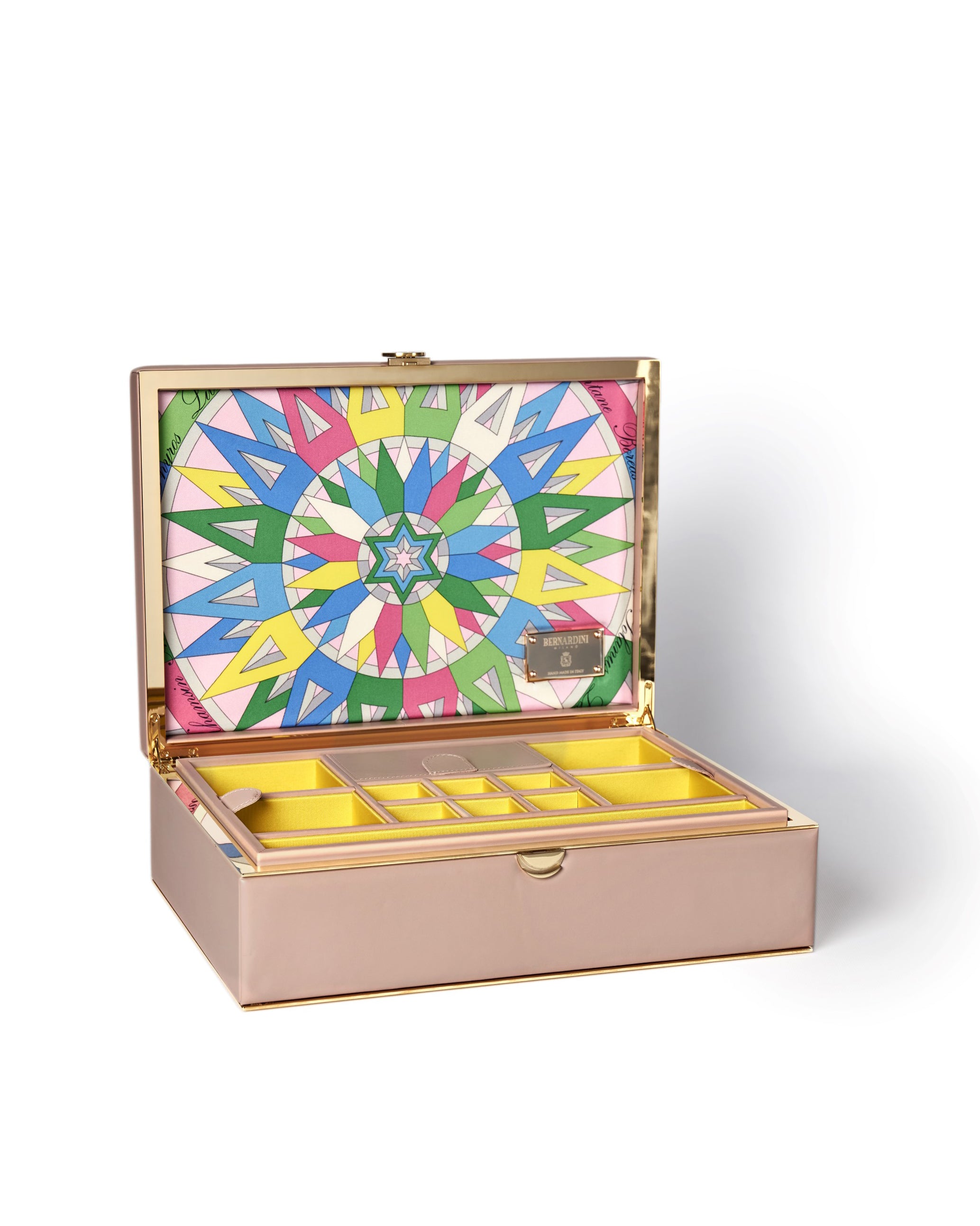 Bernardini Milano jewellery holder of light pink leather, yellow gold plated and silk - open wth extractable tray