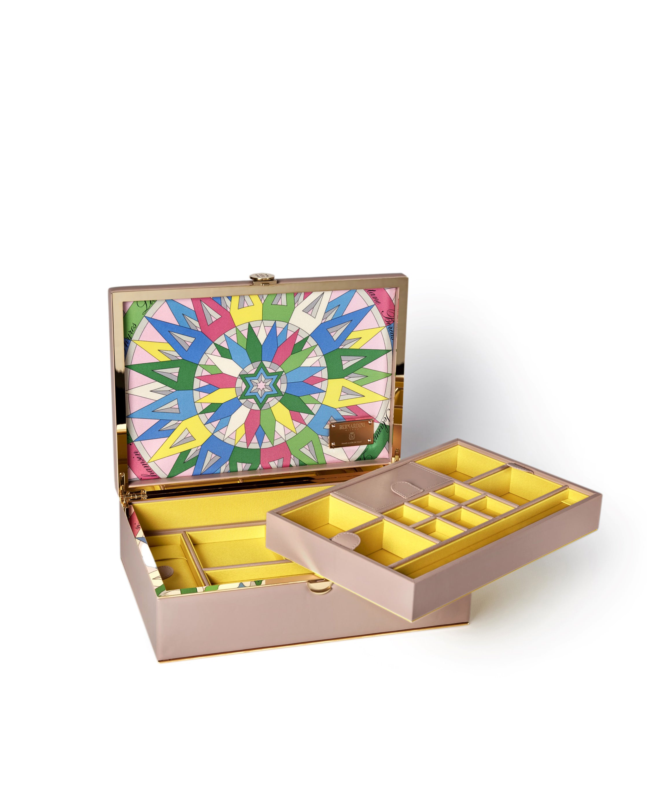 Bernardini Milano jewellery holder of light pink leather, yellow gold plated and silk - open wth extractable tray