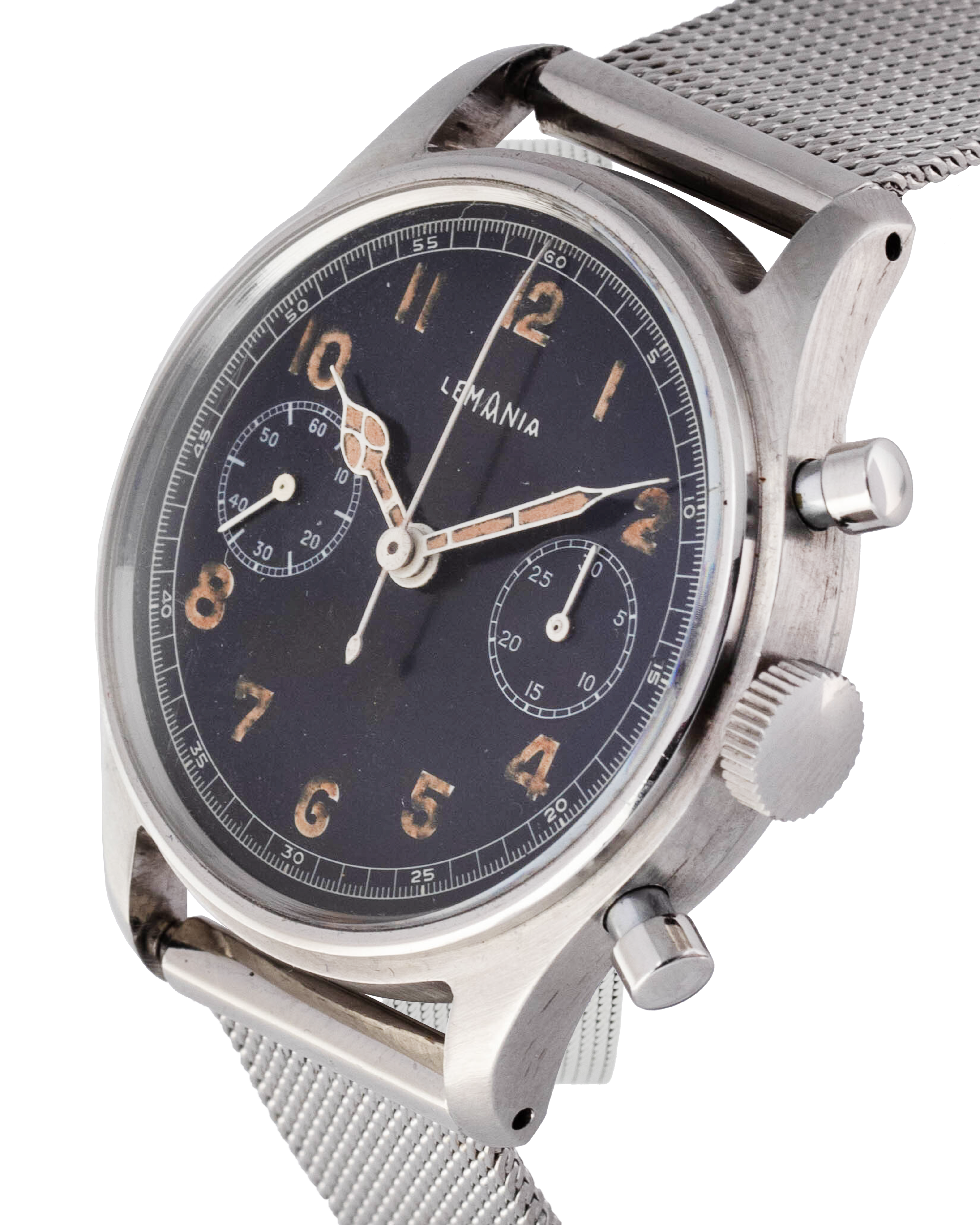 Lemania Chronograph "Big Arabic Numerals" stainless steel and black dial 
