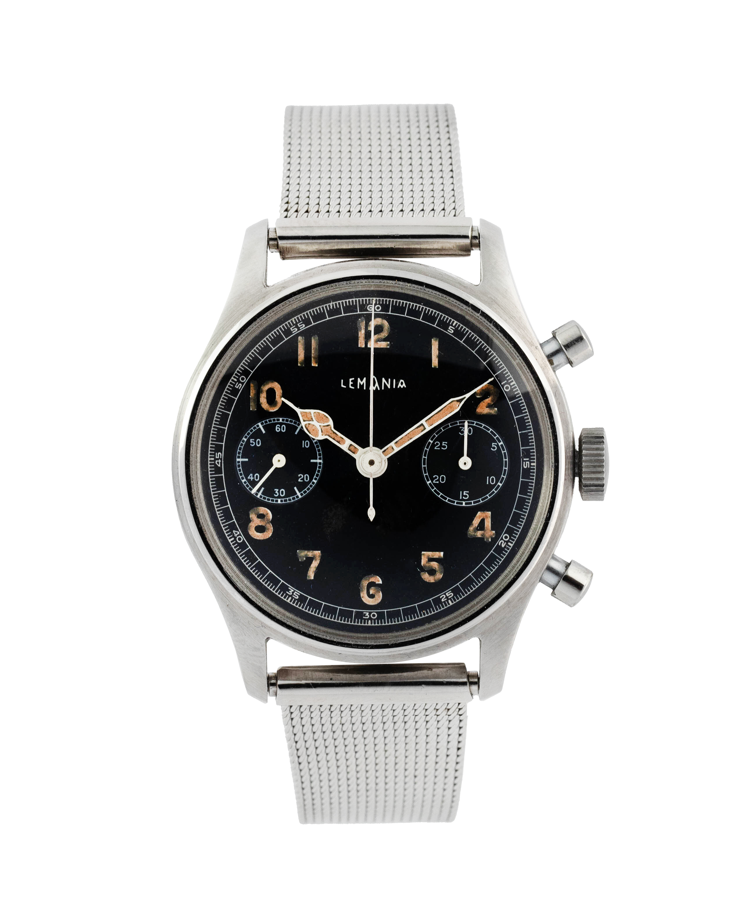 Lemania Chronograph "Big Arabic Numerals" stainless steel and black dial 