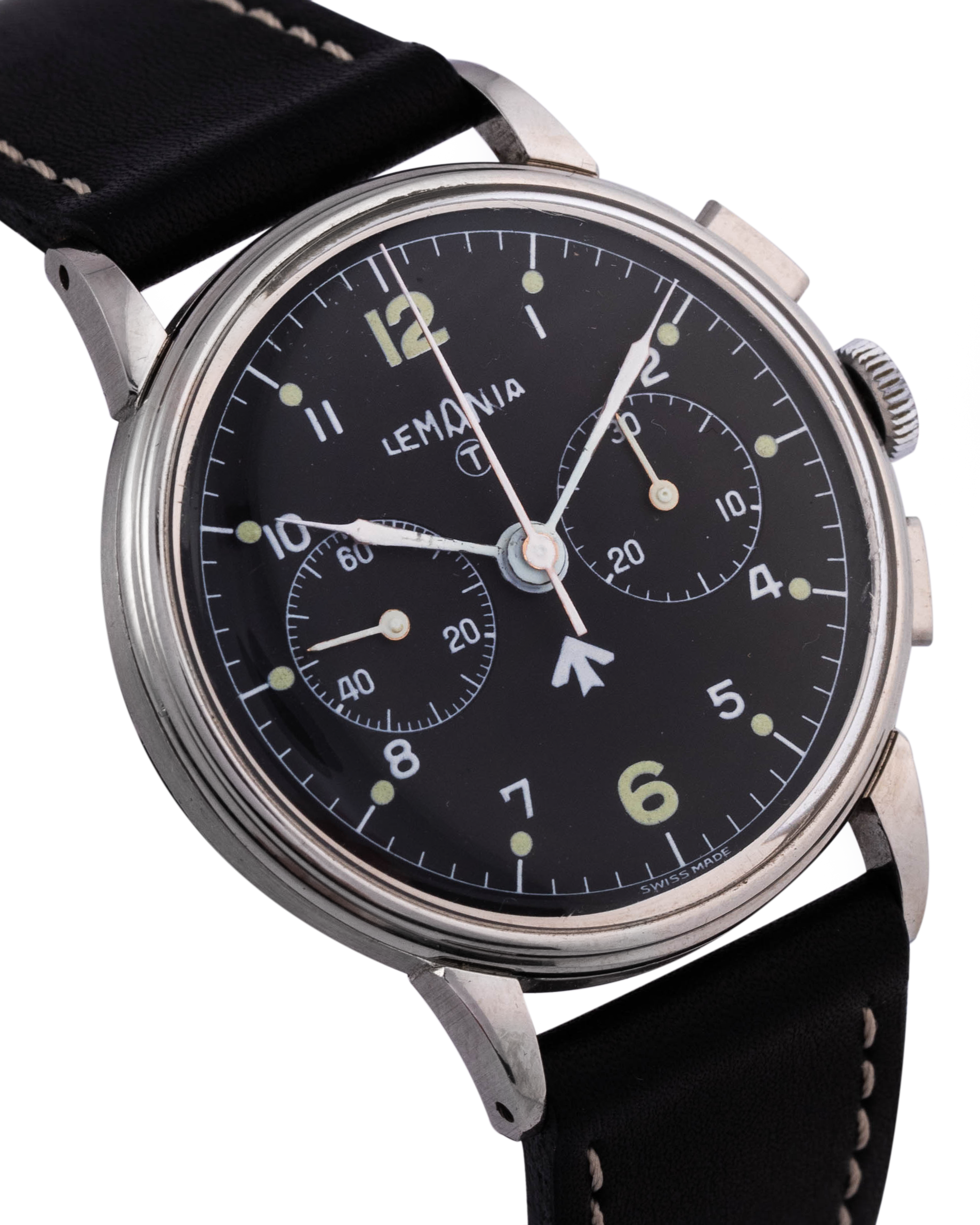 Lemania Chronograph wrist watch in stainless steel, black dial produced for Royal Navy USA