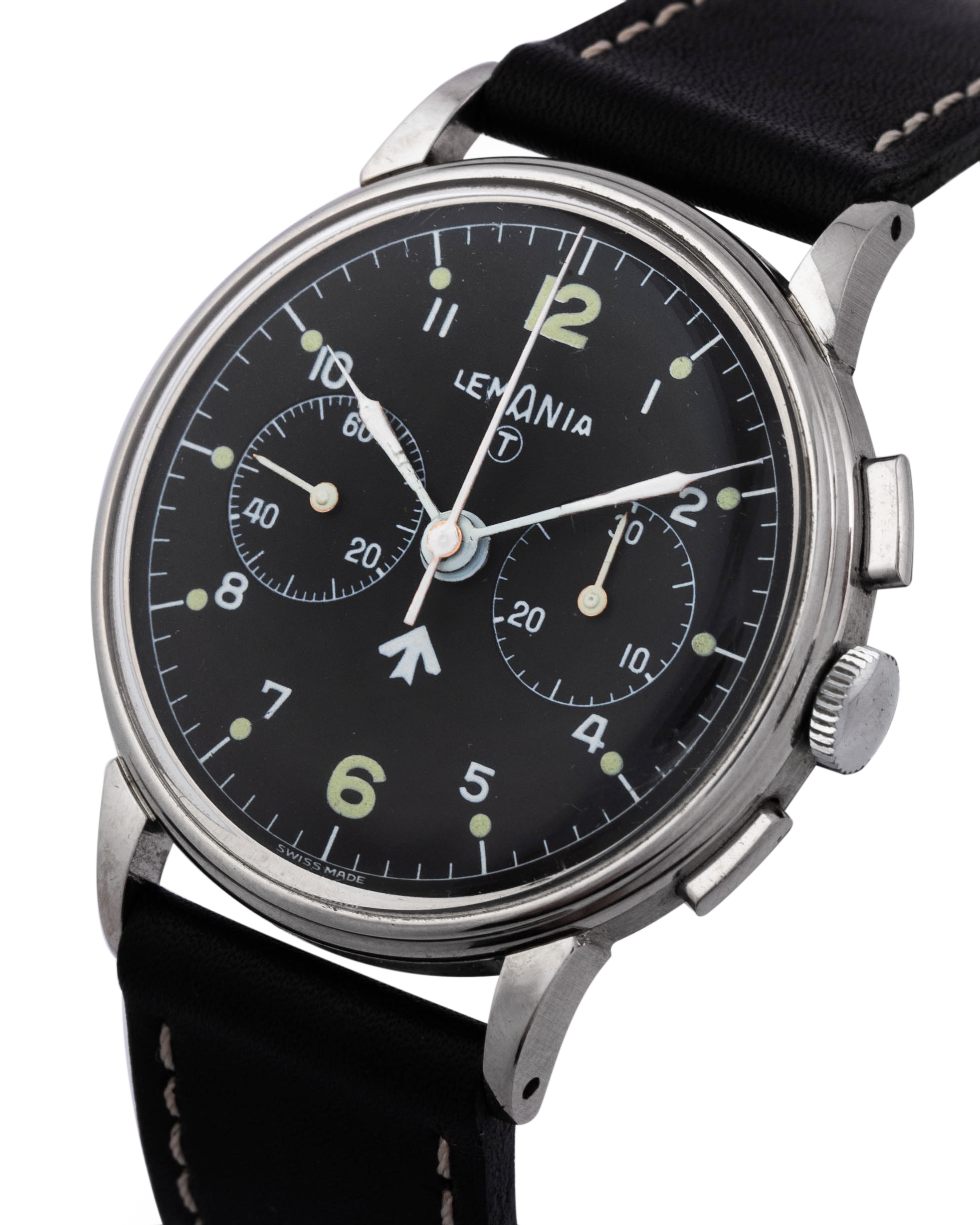 Lemania Chronograph wrist watch in stainless steel, black dial produced for Royal Navy USA