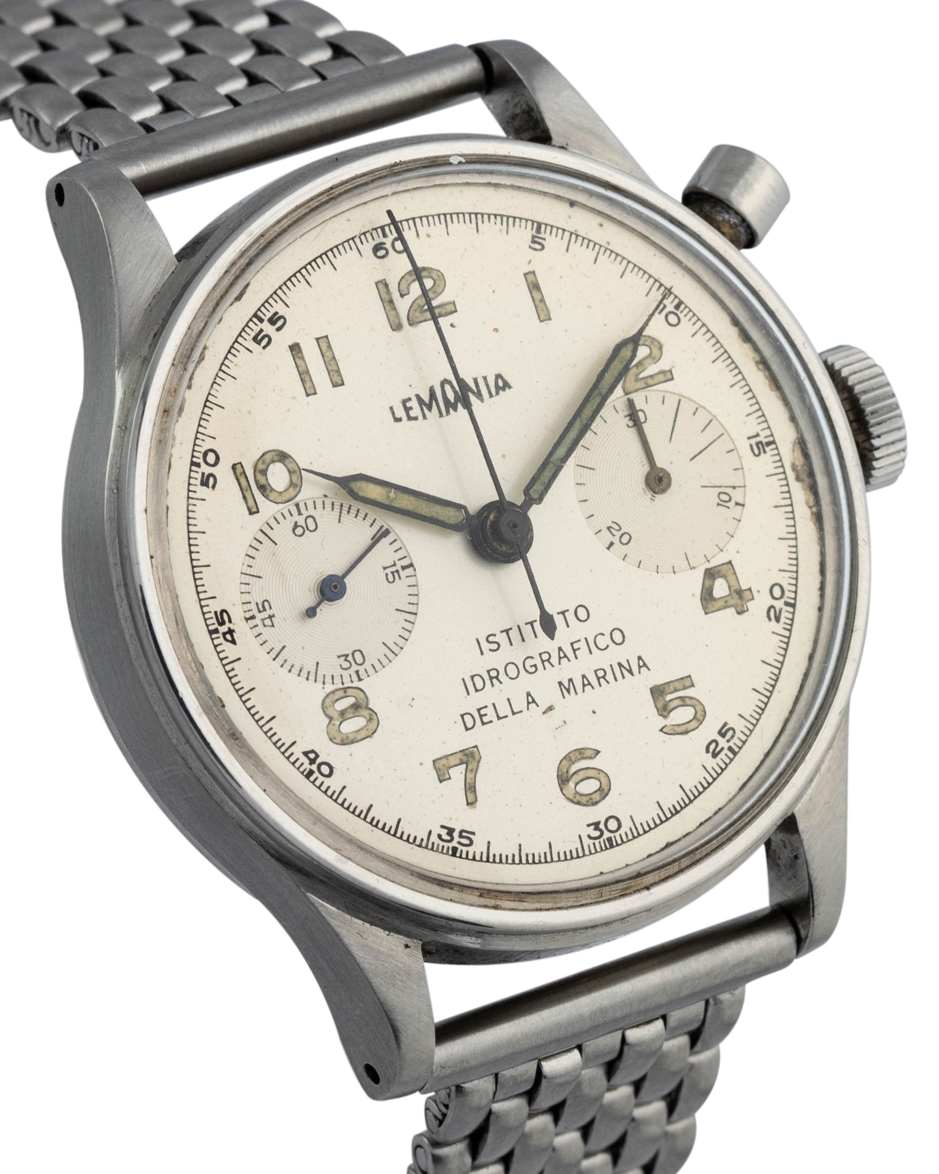 Lemania Chronograph wrist watch  "Istituto idrografico della marina" - white dial, stainless steel with bracelet 