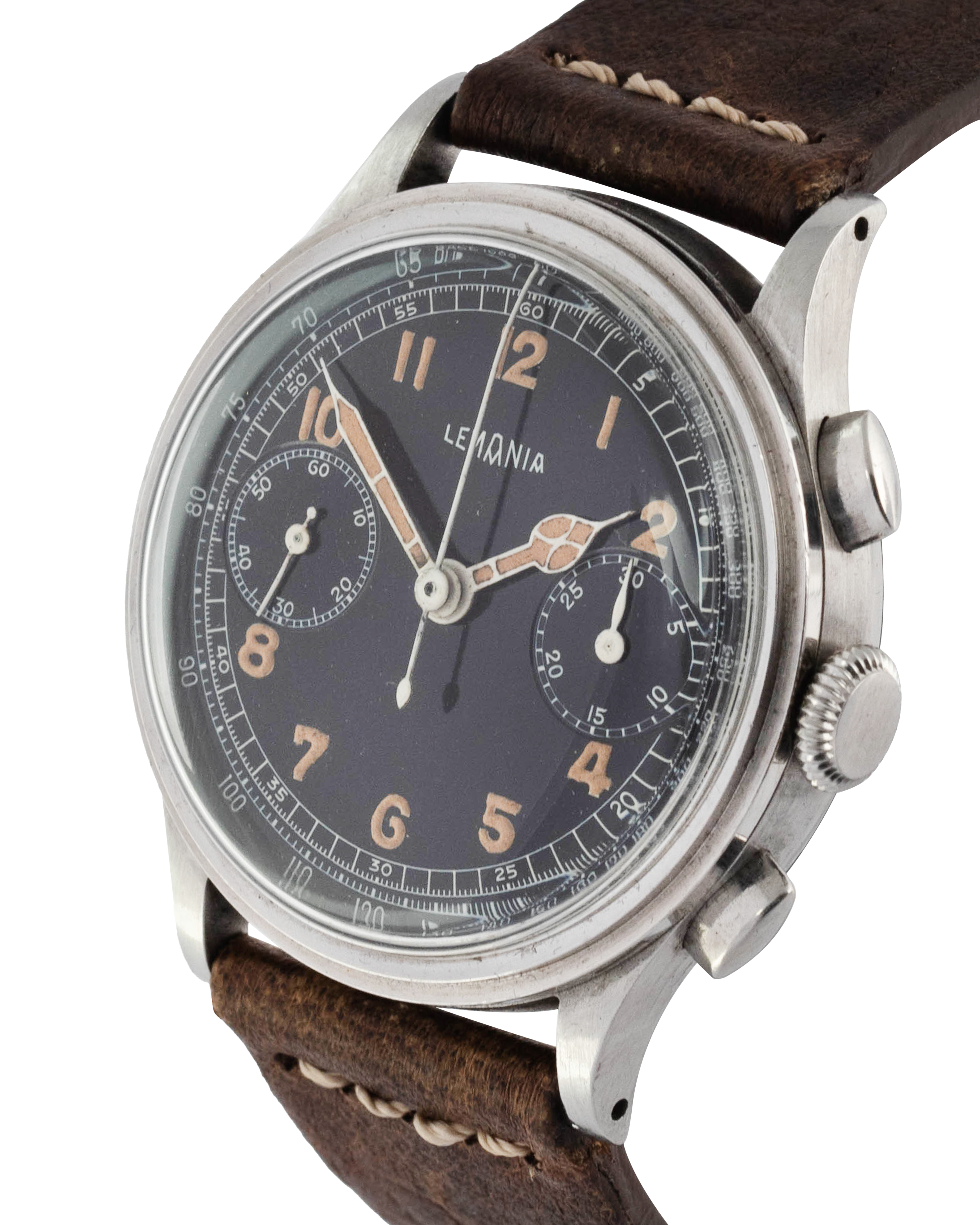 Lemania Chronograph wrist watch in stainless, black dial 