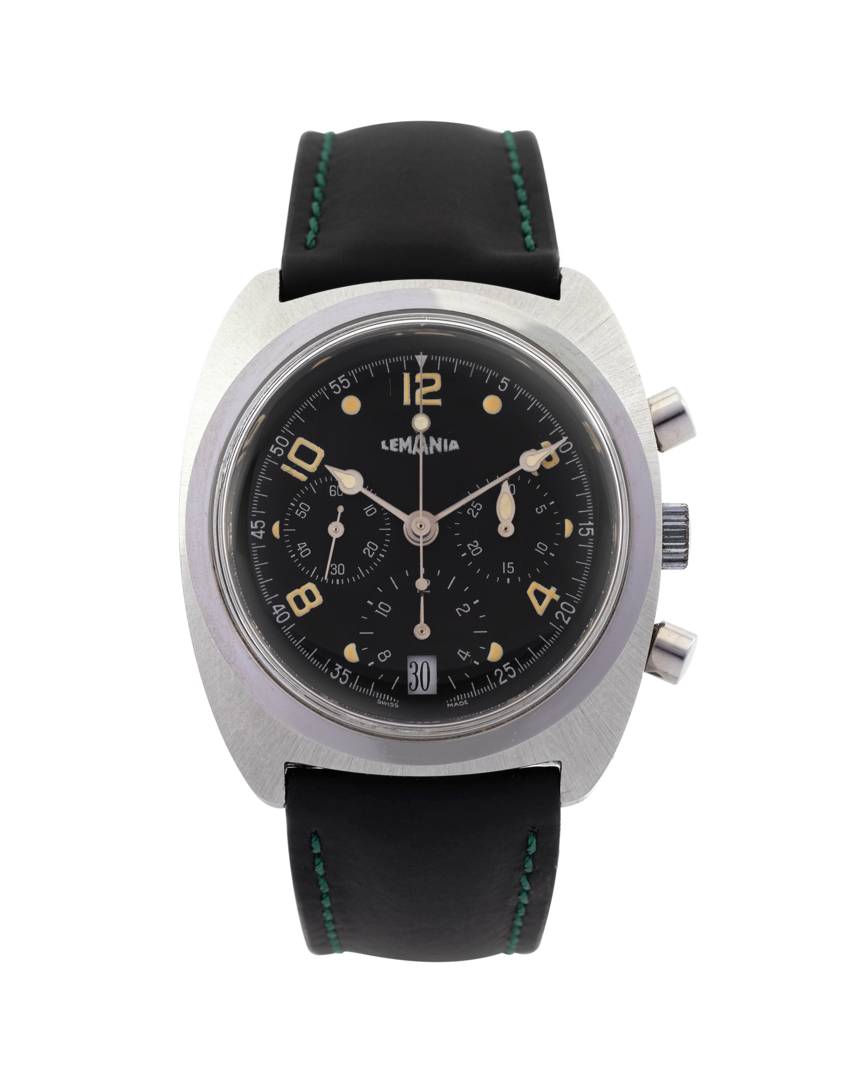 Lemania Chronograph wrist watch in stainless, black dial 