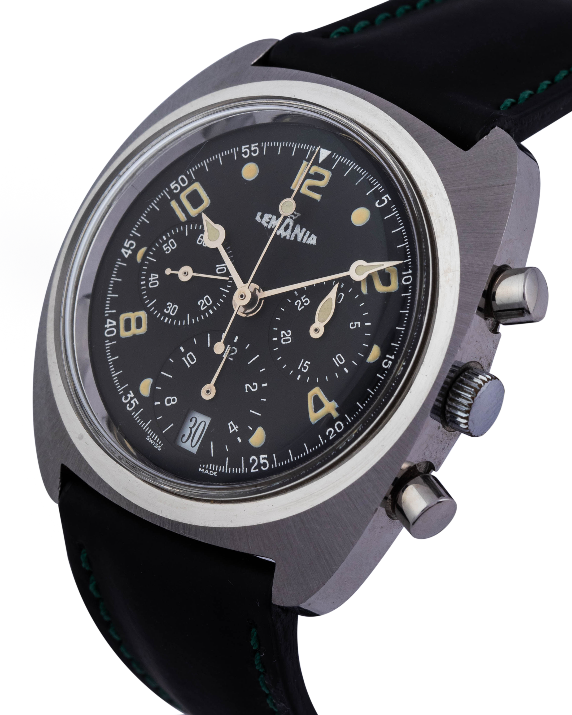 Lemania Chronograph wrist watch in stainless, black dial 