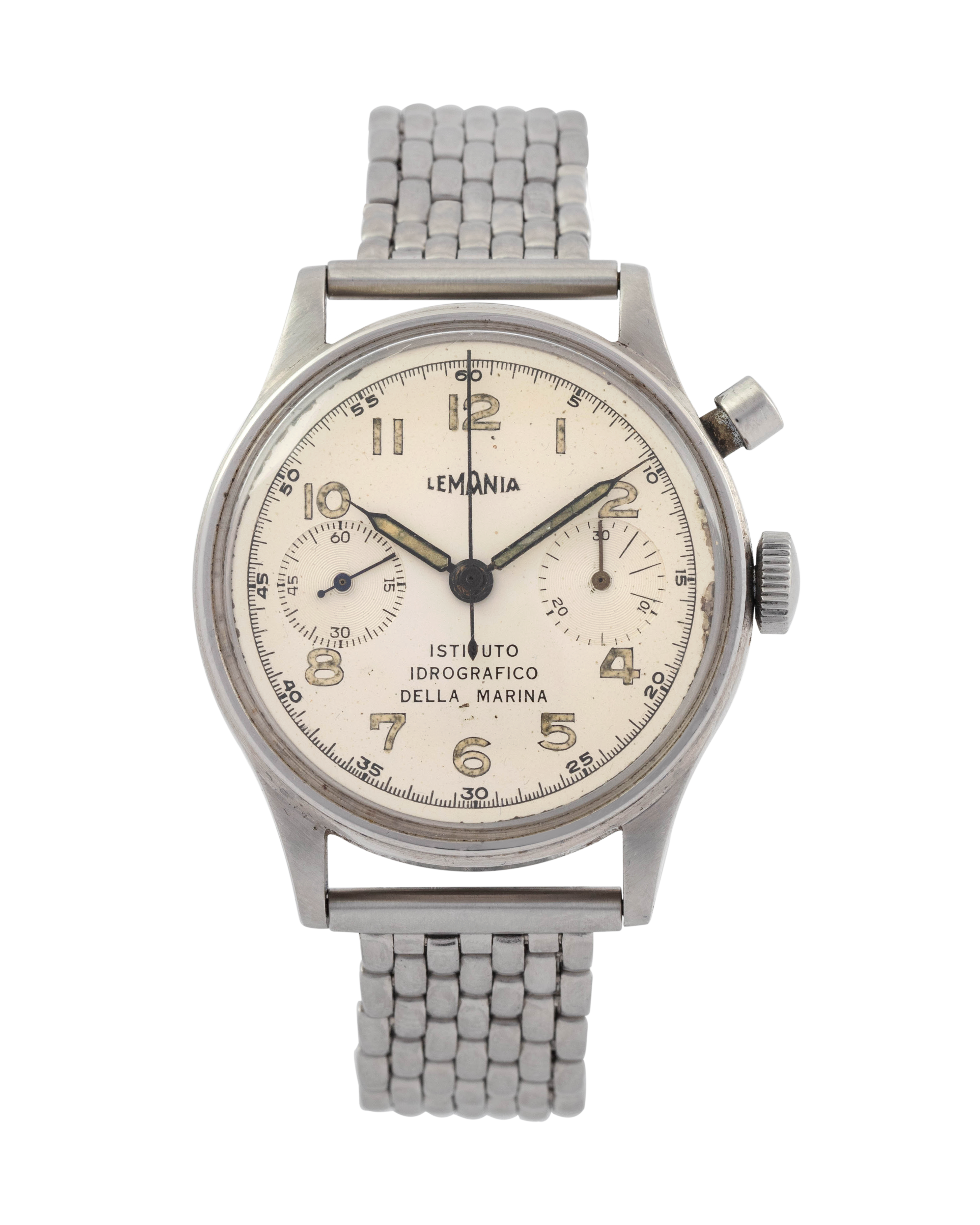 Lemania Chronograph wrist watch  "Istituto idrografico della marina" - white dial, stainless steel with bracelet 