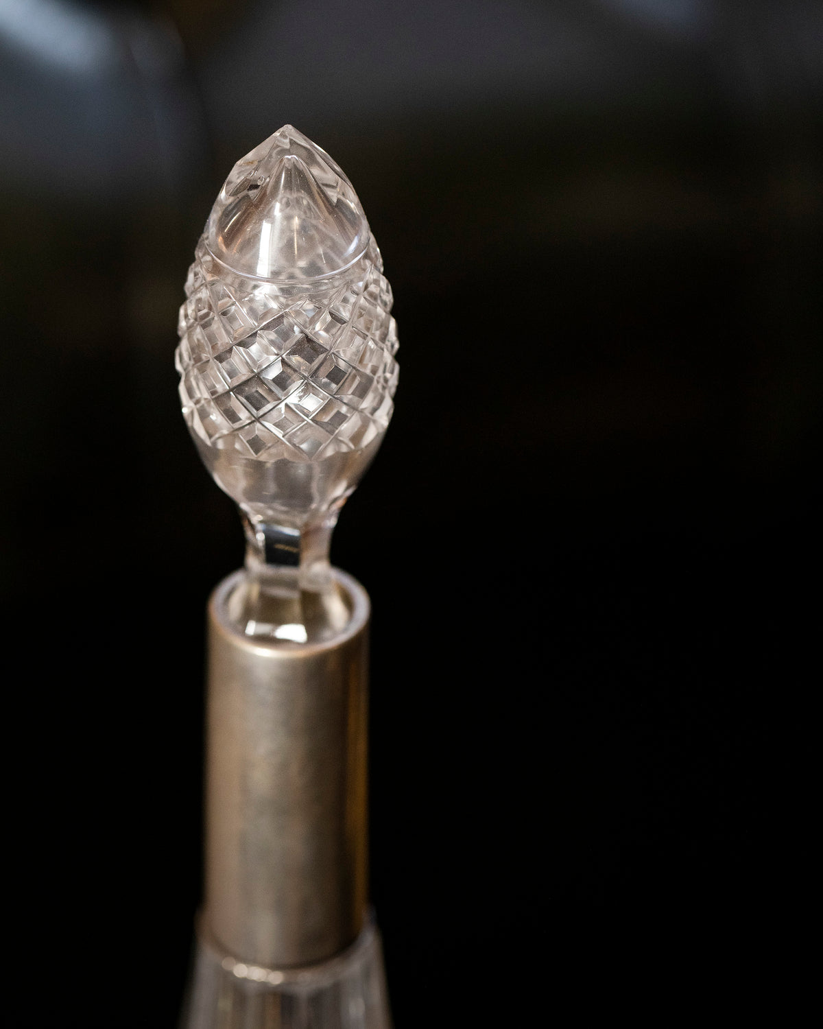 Mid-Century Crystal Liquor Decanter Bottle with silver detail